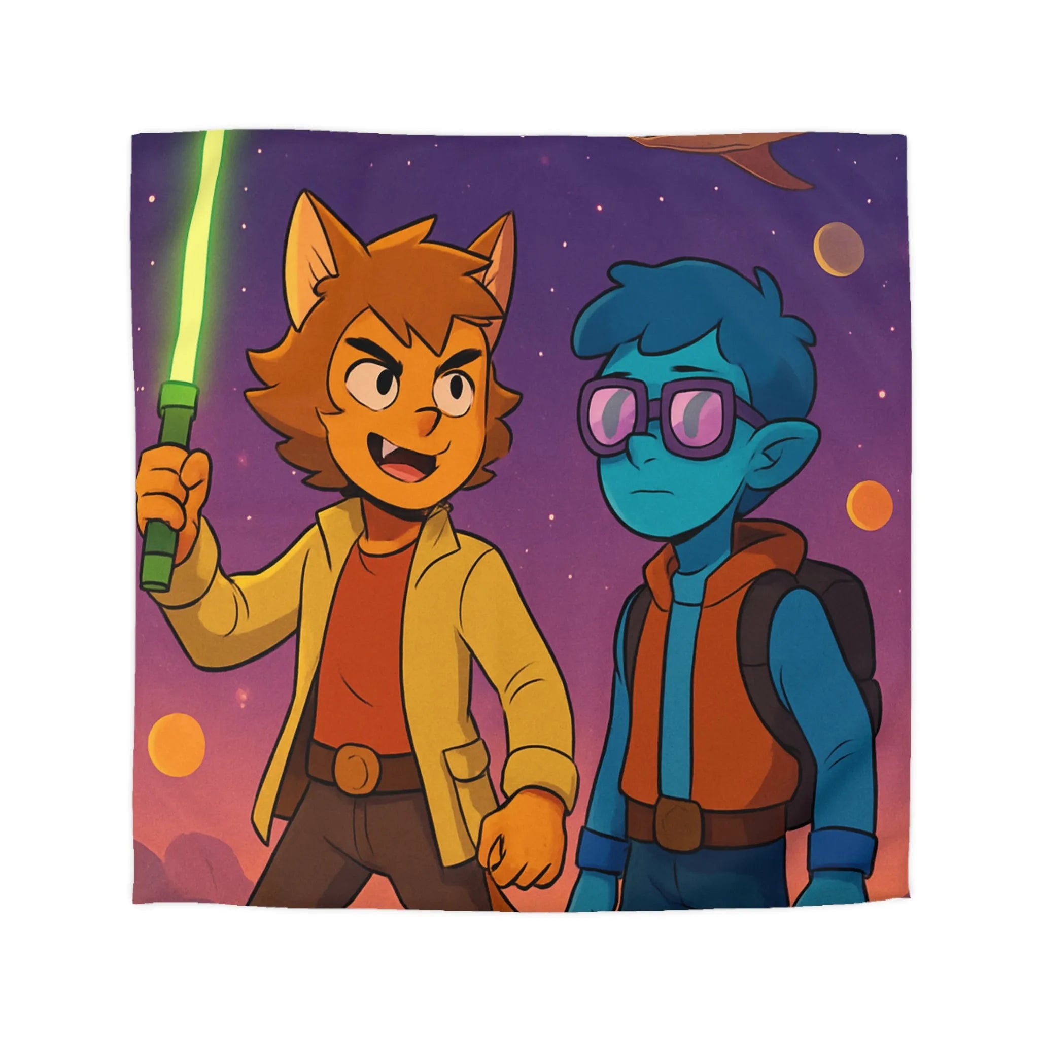 Housse de couette avec deux personnages dans l'espace, ambiance rétro futuriste colorée