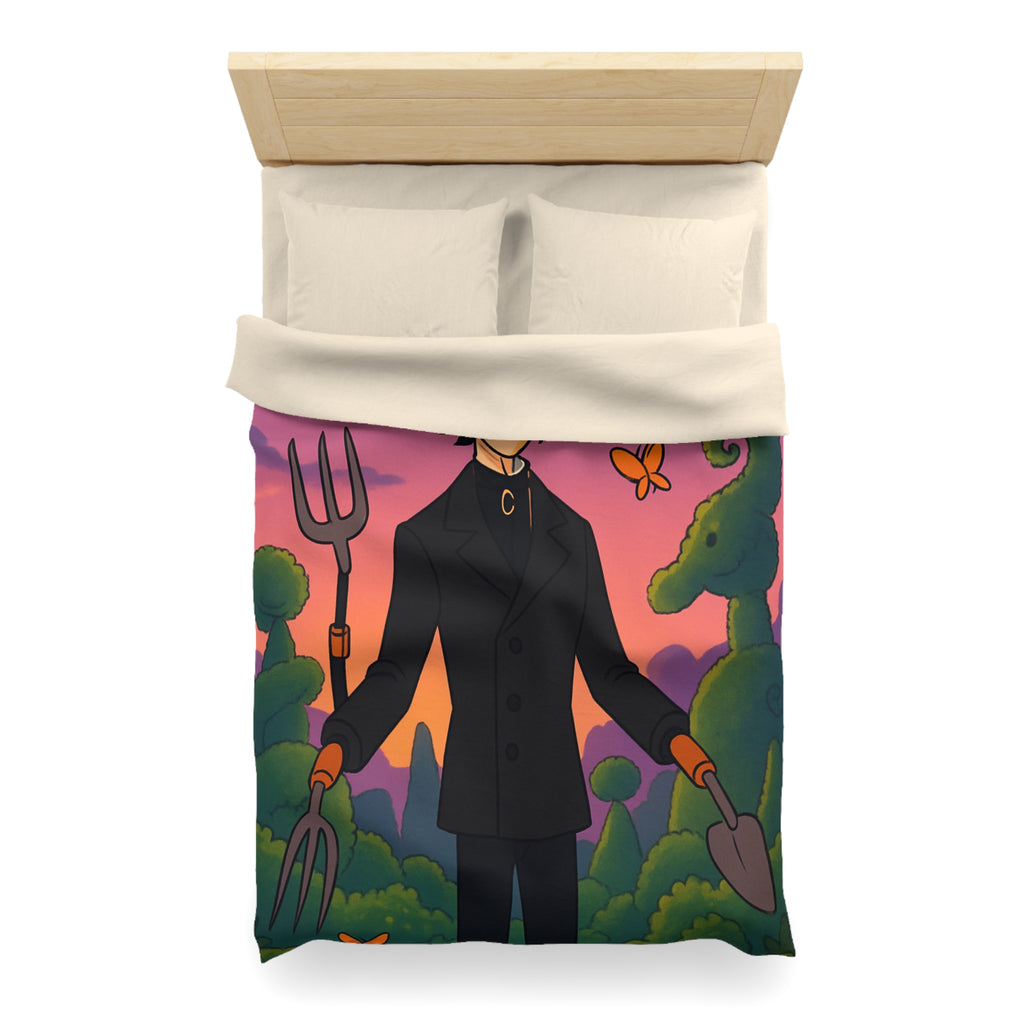 Housse de couette stylée avec personnage rêveur, jardin magique et papillons colorés