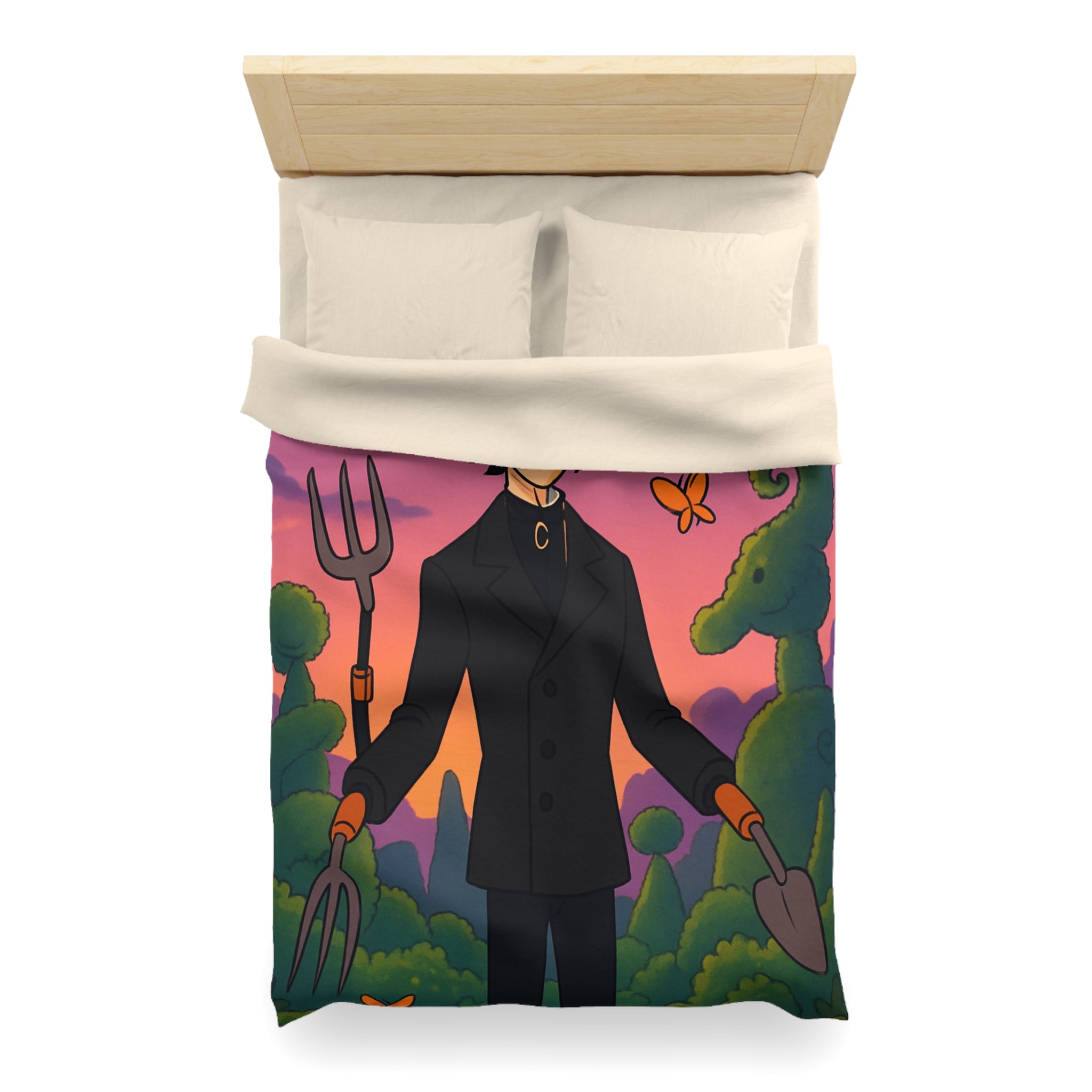 Housse de couette stylée avec personnage rêveur, jardin magique et papillons colorés