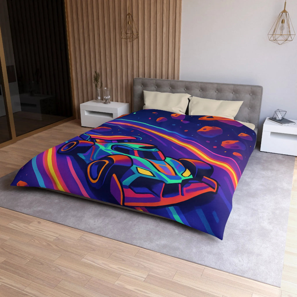 Éblouissante Housse de Couette avec Voiture Néon Galactique et Planètes Colorées