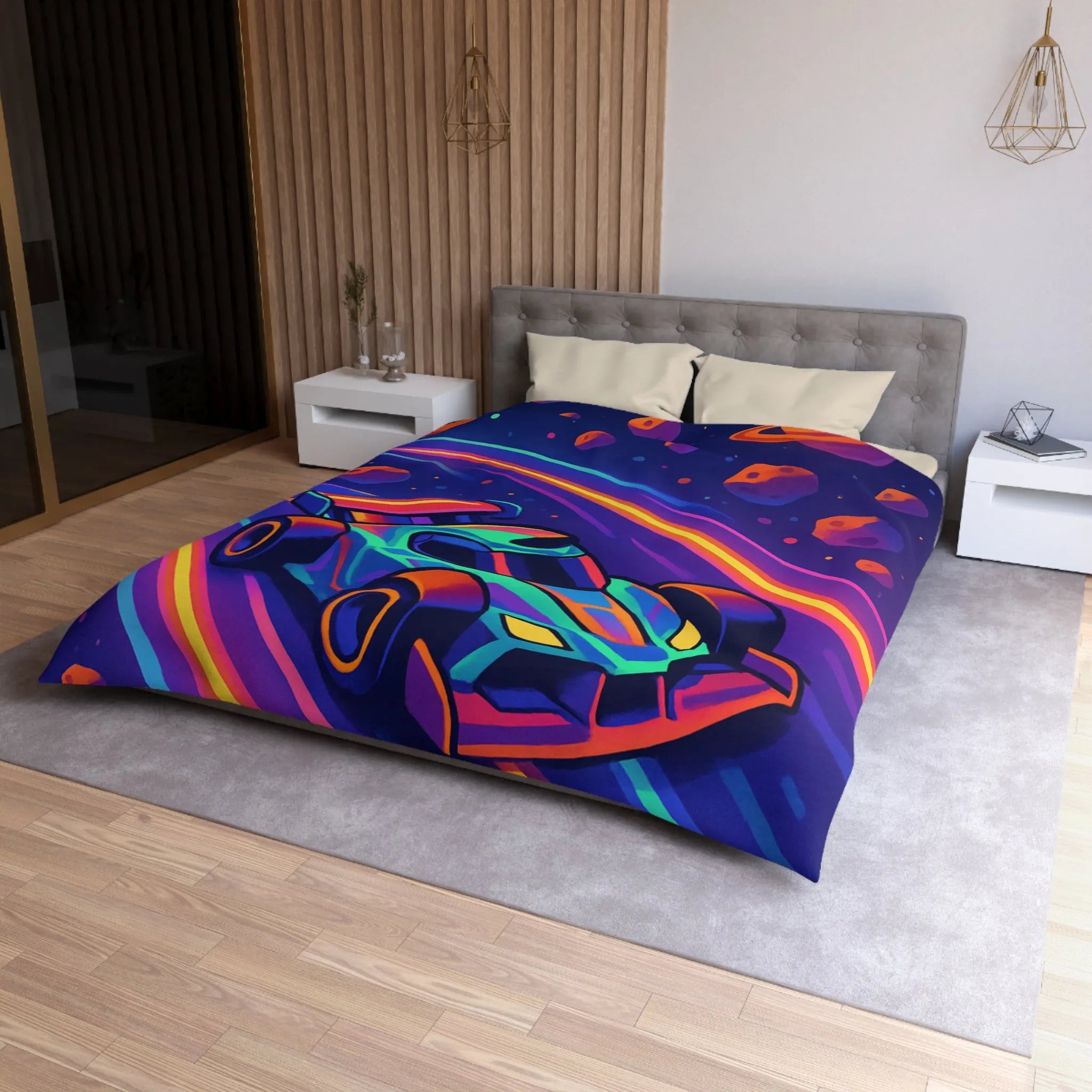 Éblouissante Housse de Couette avec Voiture Néon Galactique et Planètes Colorées