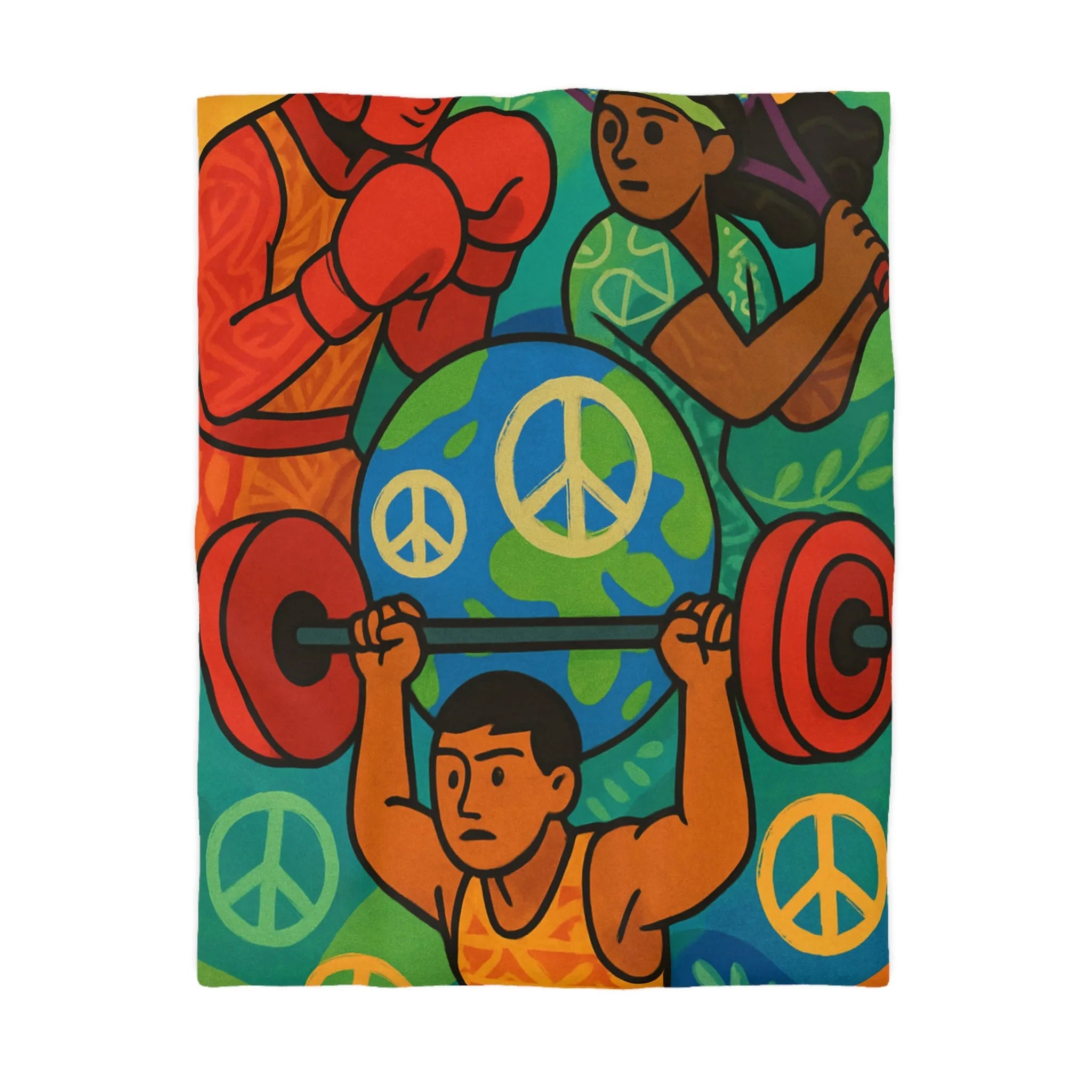 Housse de couette colorée avec athlètes et symboles de la paix, style artistique vibrant
