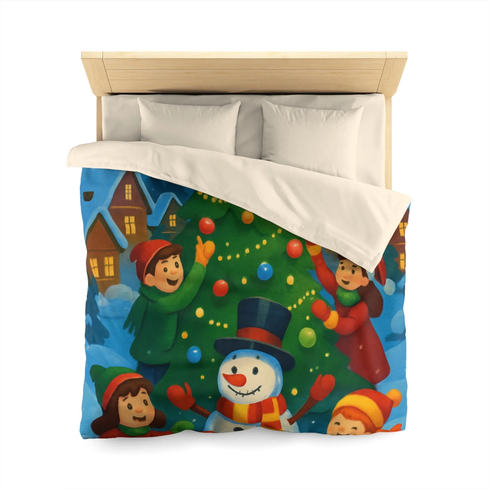 Housse de couette enfants scène festive avec bonhomme de neige et aurore boréale lumineuse