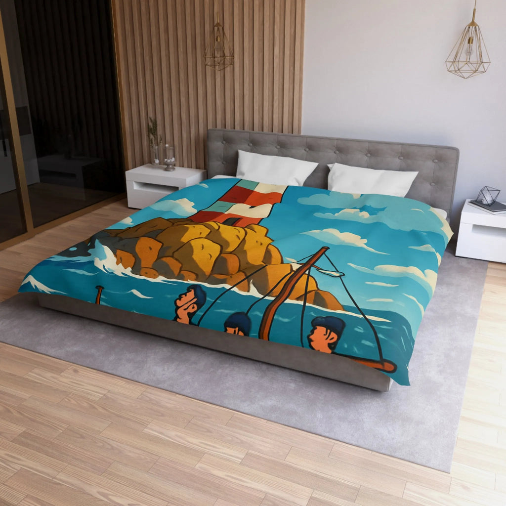 Housse de couette maritime avec phare, bateau et équipage sur mer agitée