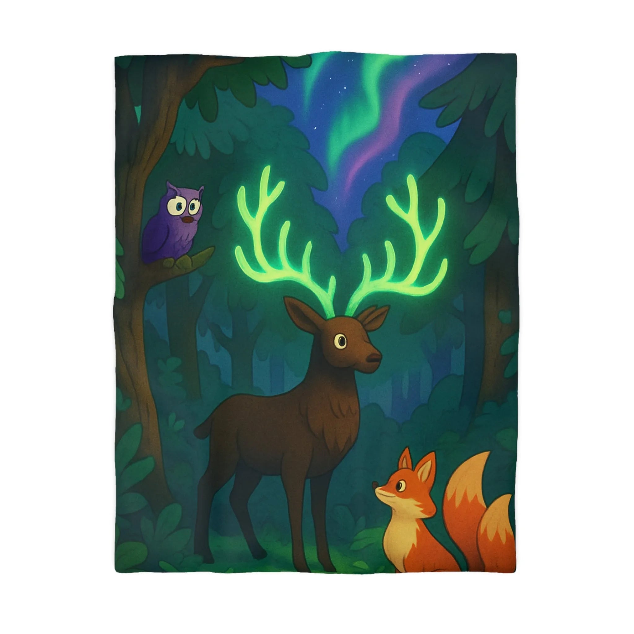 Housse de couette forêt magique avec cerf lumineux, renard et chouette colorée