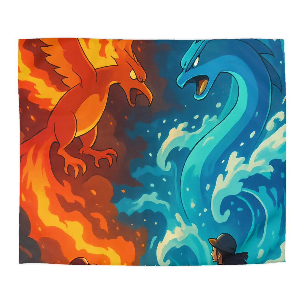 Housse de couette aventure épique avec créatures de feu et glace légendaires en duel