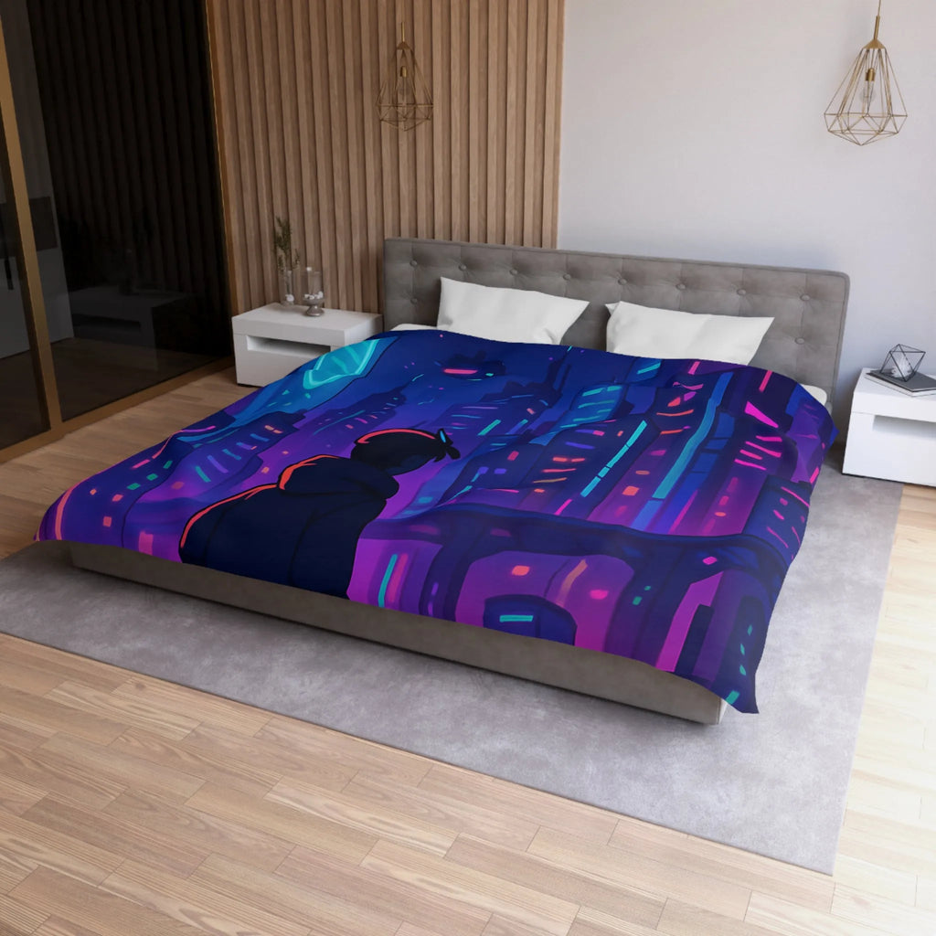 Housse de couette futuriste avec skyline néon vibrant et silhouette étoilée