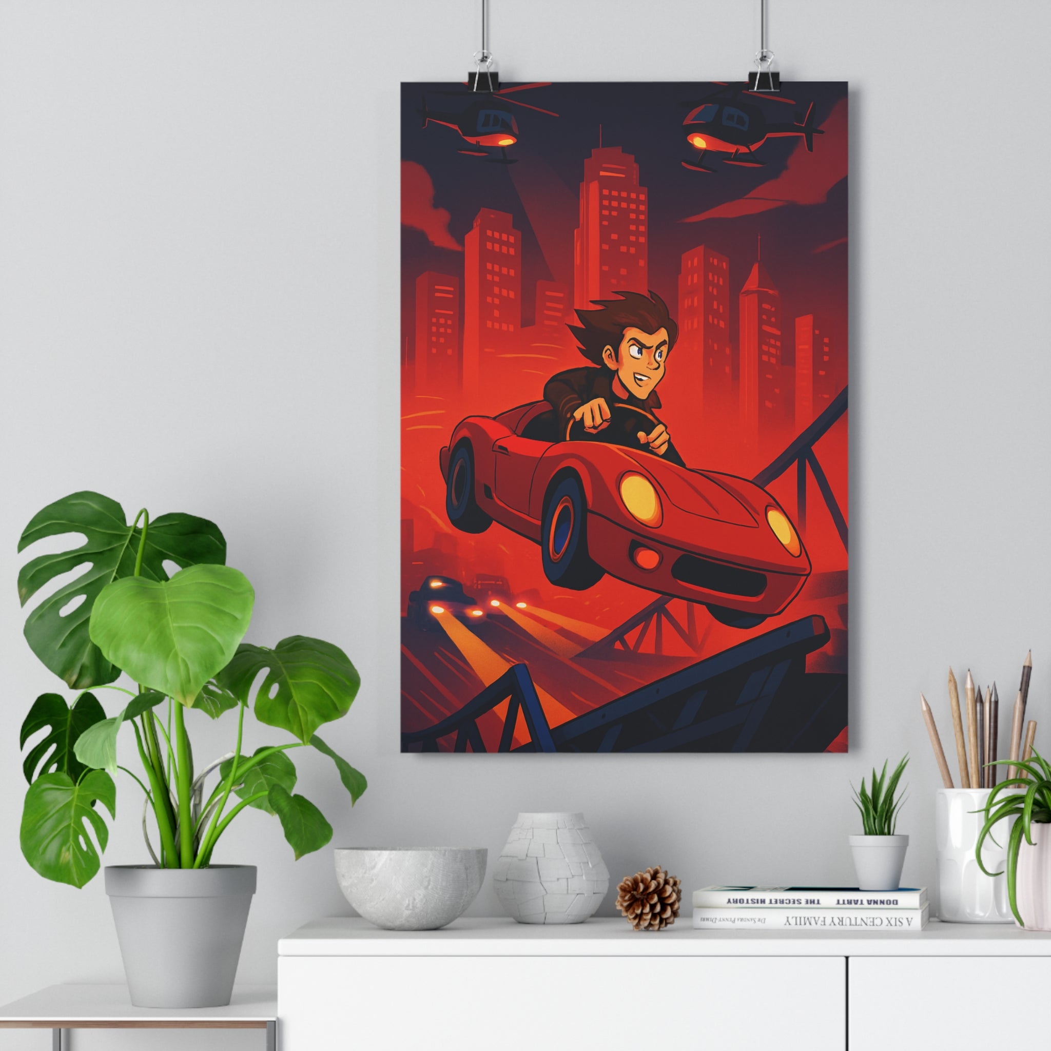 Poster décoratif action rouge orange moderne aventure ville énergie salon chambre bureau dynamique tendance