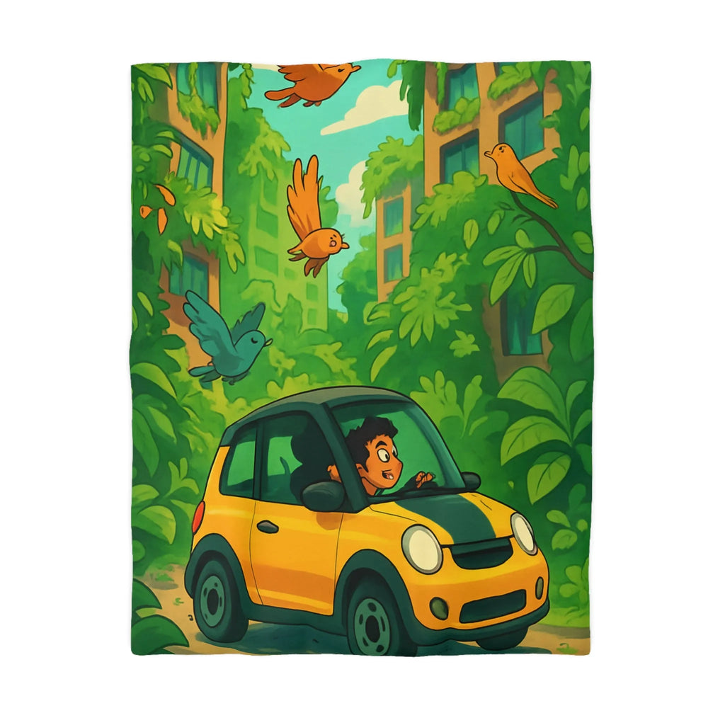 Housse de couette colorée avec voiture jaune et jungle luxuriante pour enfants aventureux