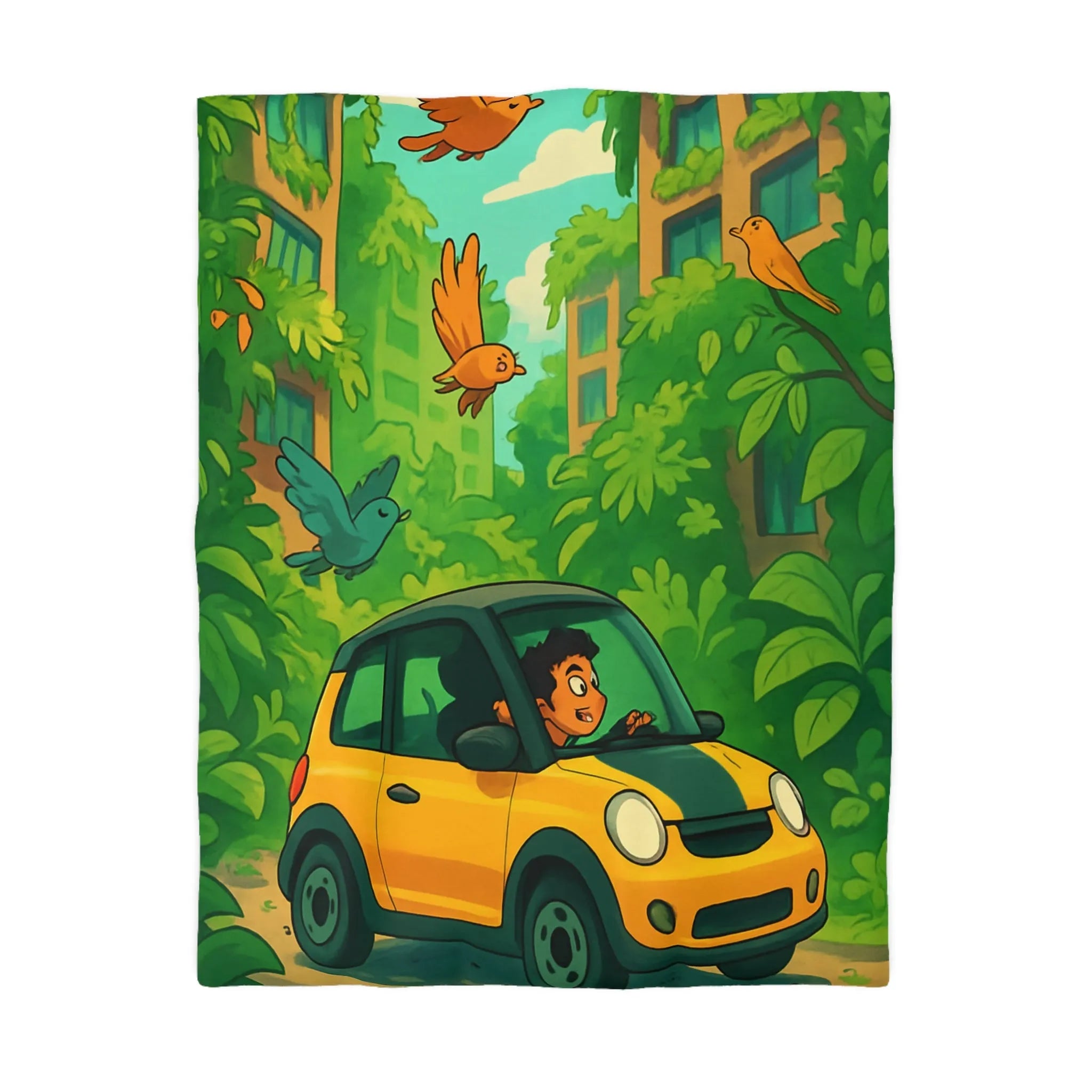 Housse de couette colorée avec voiture jaune et jungle luxuriante pour enfants aventureux