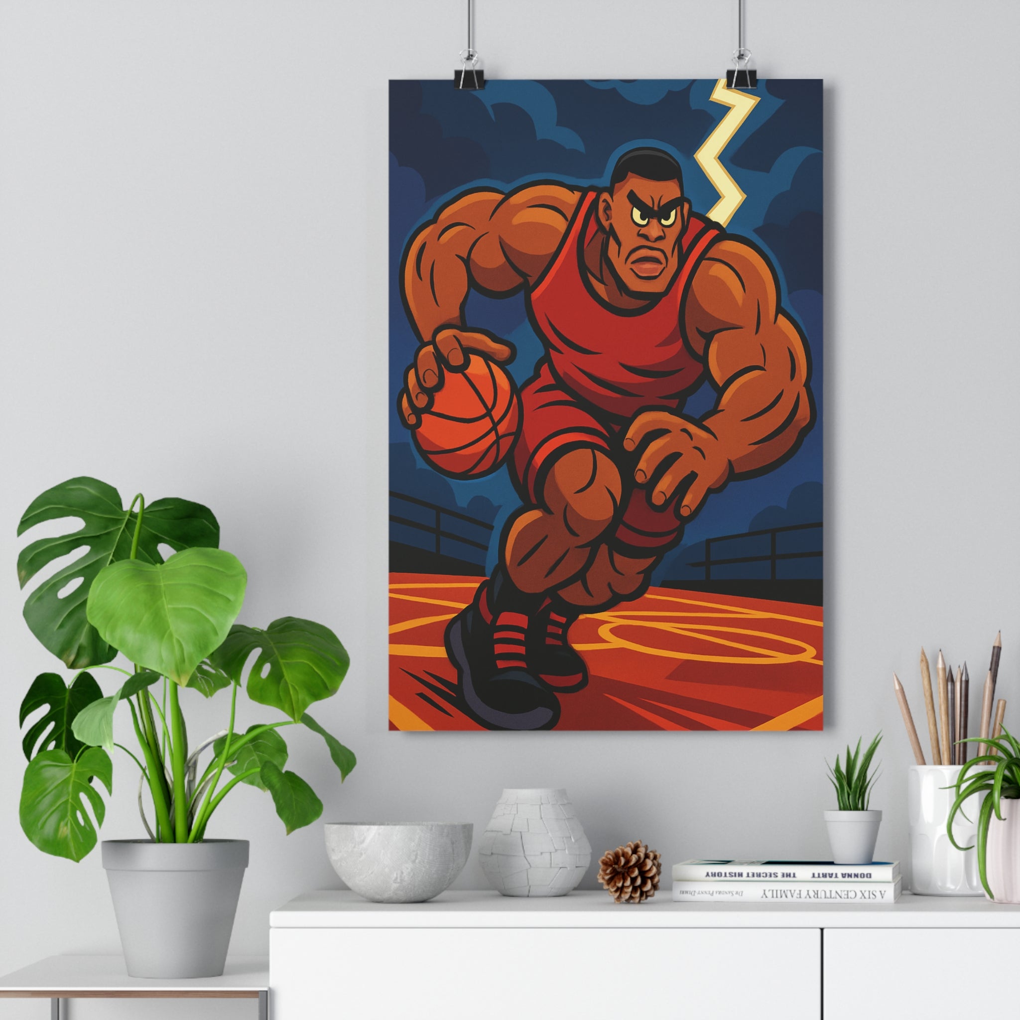 Poster décoratif action basketball rouge orange cartoon épique salon chambre dynamique éclatant unique qualité