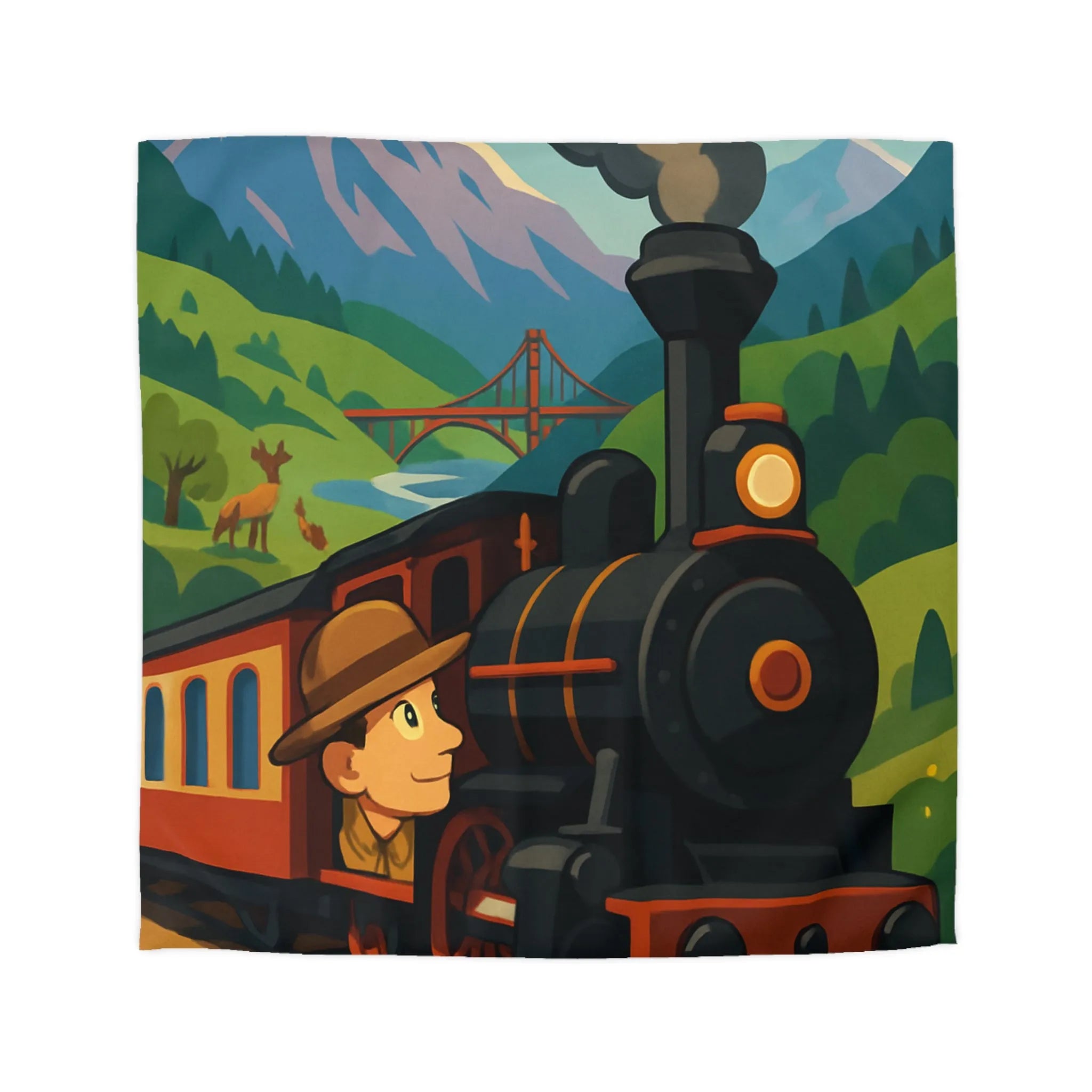 Housse de couette colorée avec train vintage, montagnes et paysage naturel pittoresque