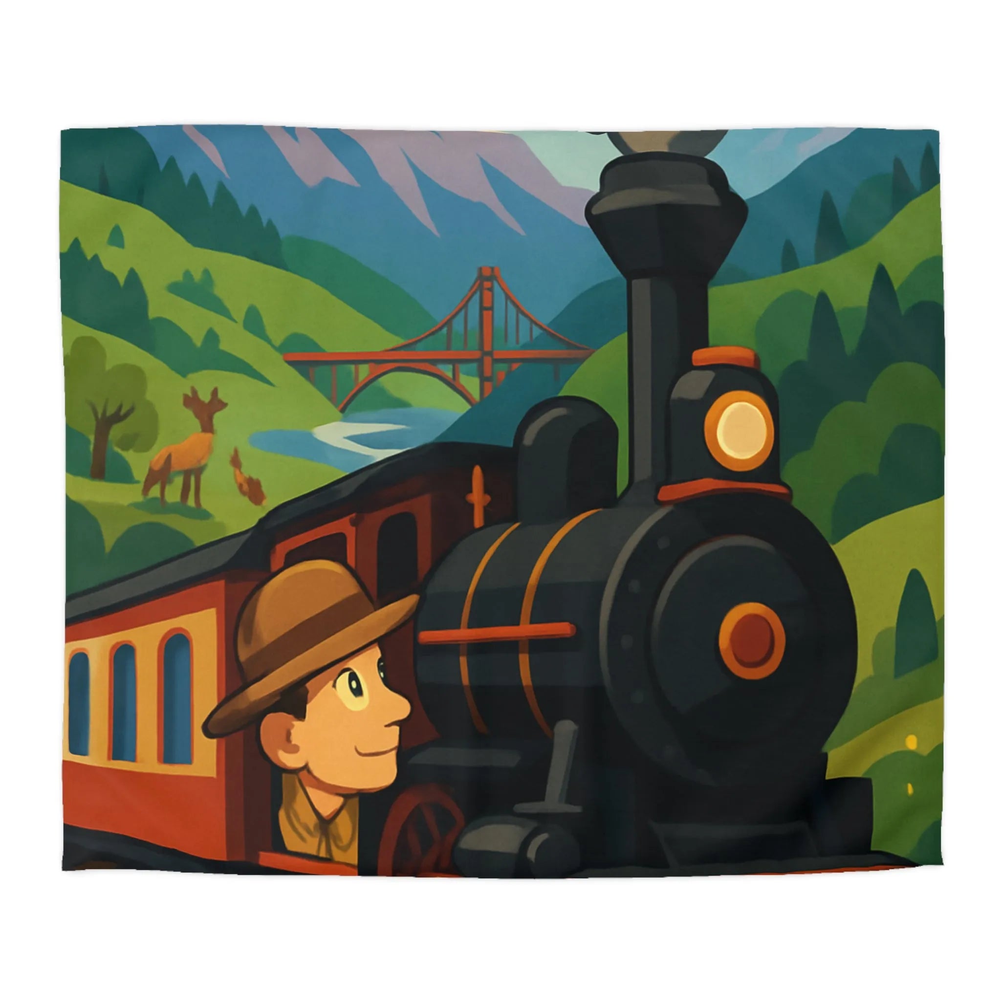 Housse de couette colorée avec train vintage, montagnes et paysage naturel pittoresque