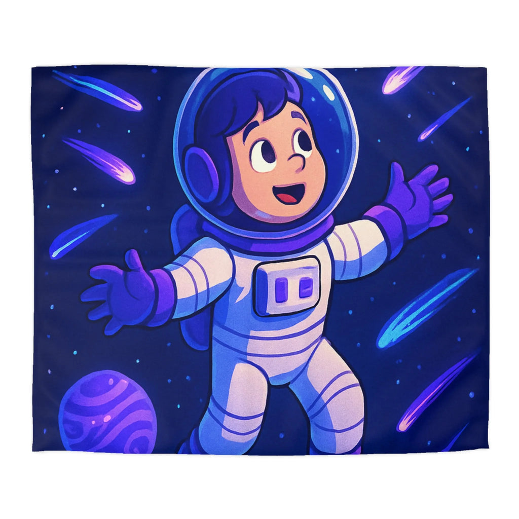 Housse de couette enfant thème espace avec astronaute et planètes colorées violettes