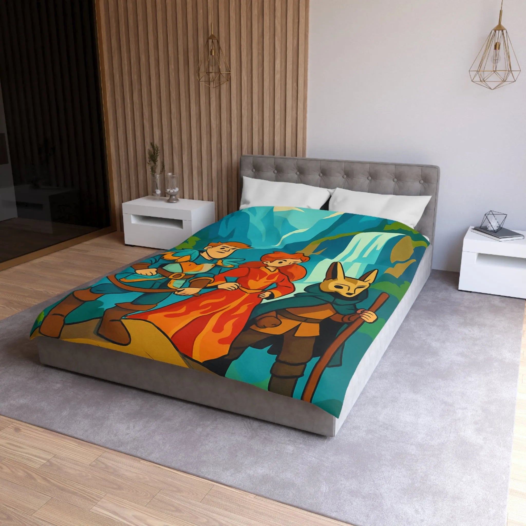 Housse de couette avec illustration aventureuse de personnages devant une cascade majestueuse