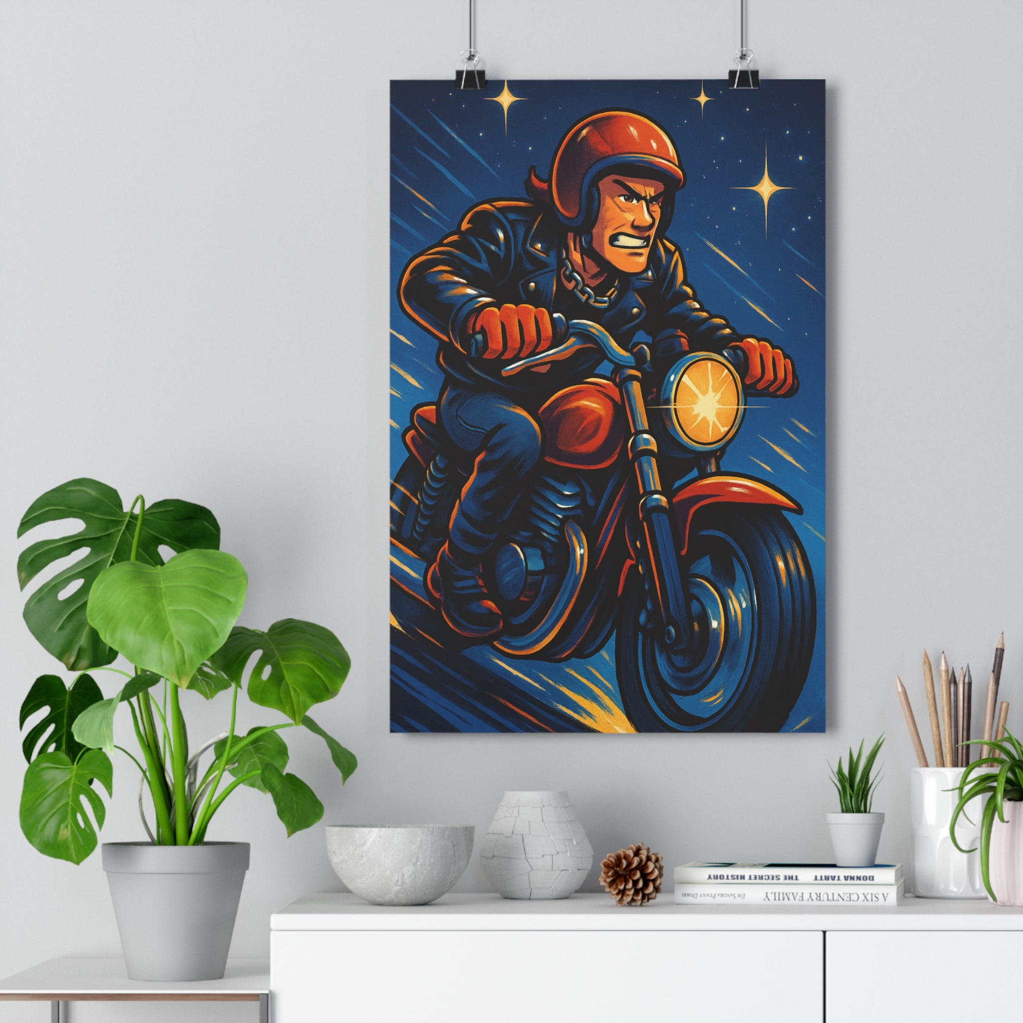 Poster décoratif audacieux motard ciel étoilé vibrant cartoon dynamique salon chambre aventure moto qualité