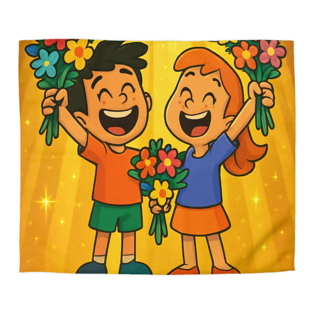 Dessin mignon d'enfants célébrant avec des bouquets de fleurs illuminés de rayons dorés