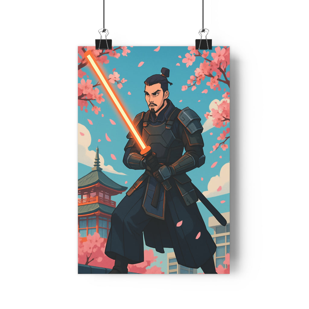 Poster décoratif moderne samouraï futuriste armure sabre lumineux fleurs cerisier bleu dynamique animé salon