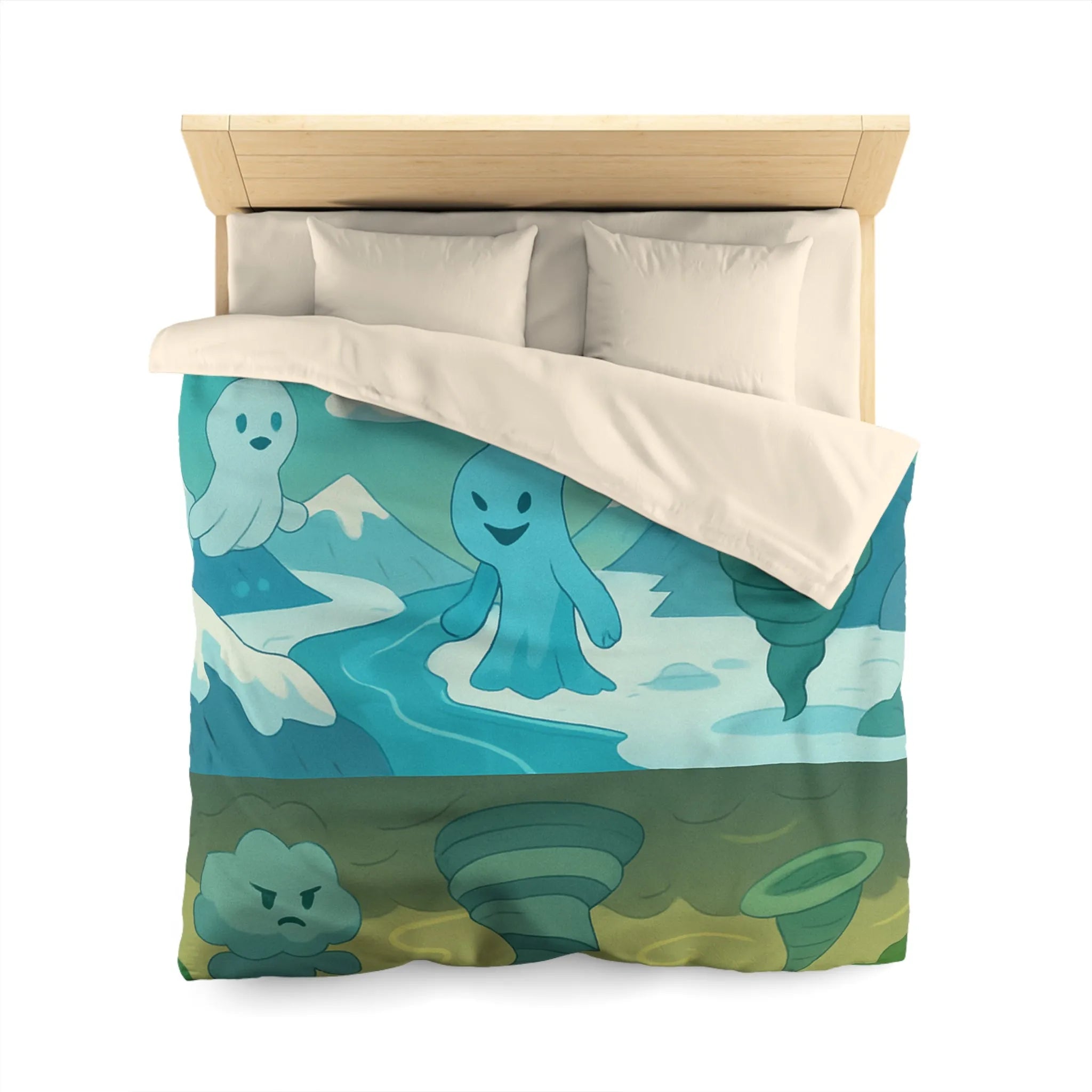 Housse de couette illustrant esprits élémentaires dans des paysages fantastiques vibrants et colorés