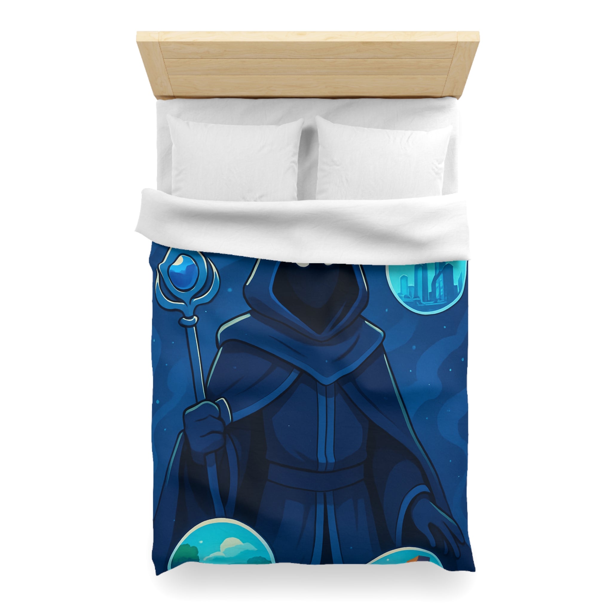 Housse de couette mystique avec sorcier et paysages fantastiques pour chambre à thème magique