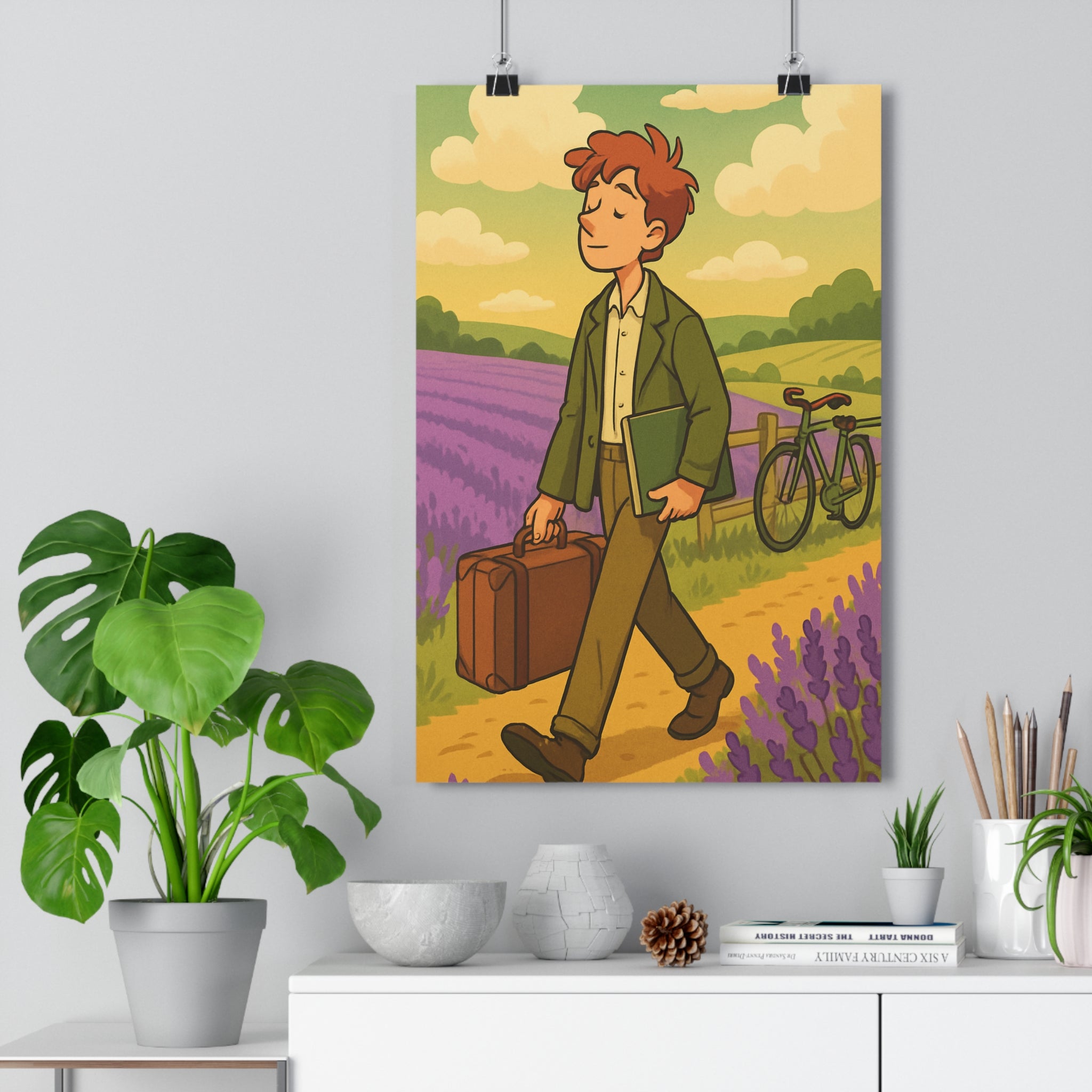 Poster décoratif vintage aquarelle paysage lavande voyageur aventure salon bureau ambiance nostalgique rêveur mural