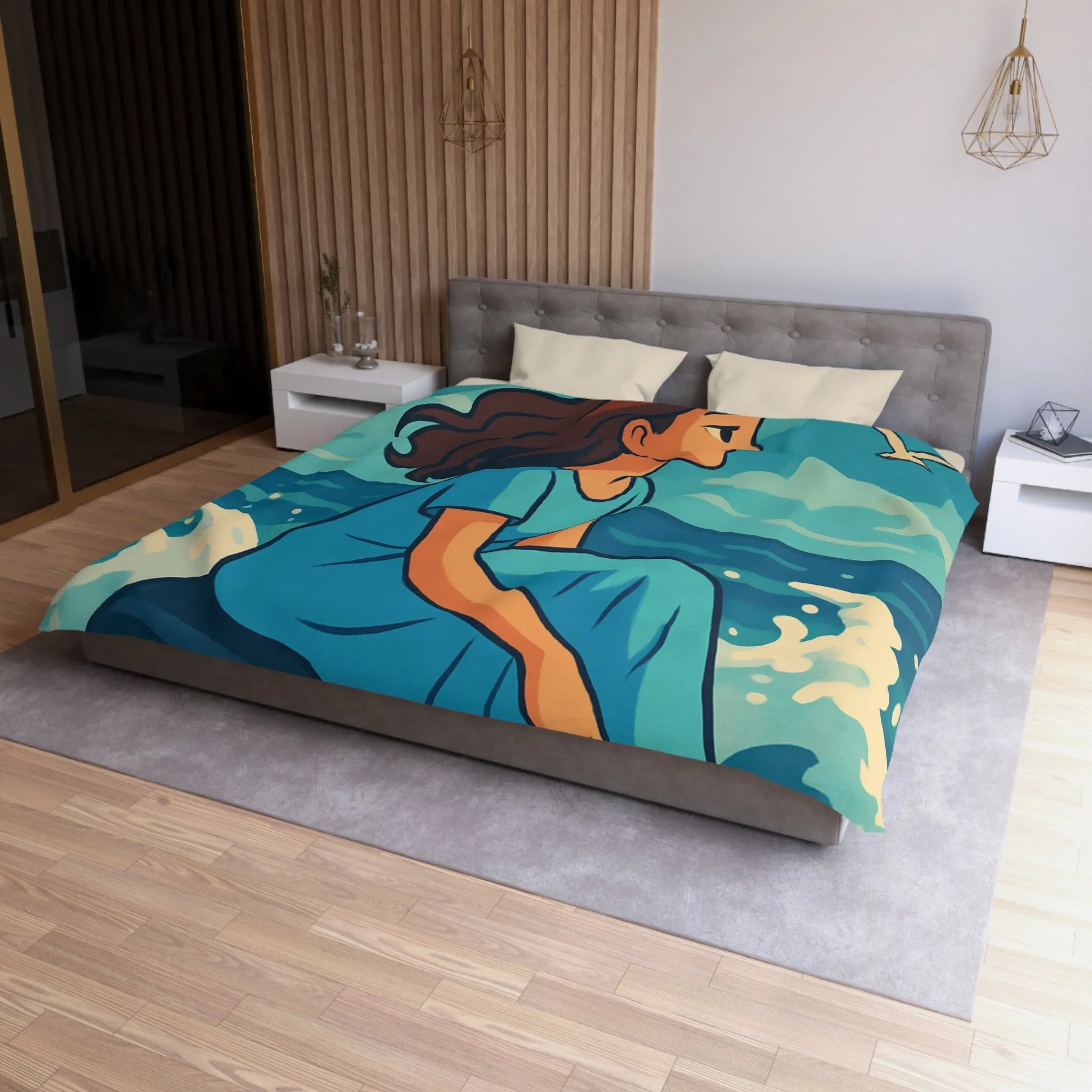 Housse de Couette Art Nouveau Femme Mermaid Assise sur Rochers avec Mouettes