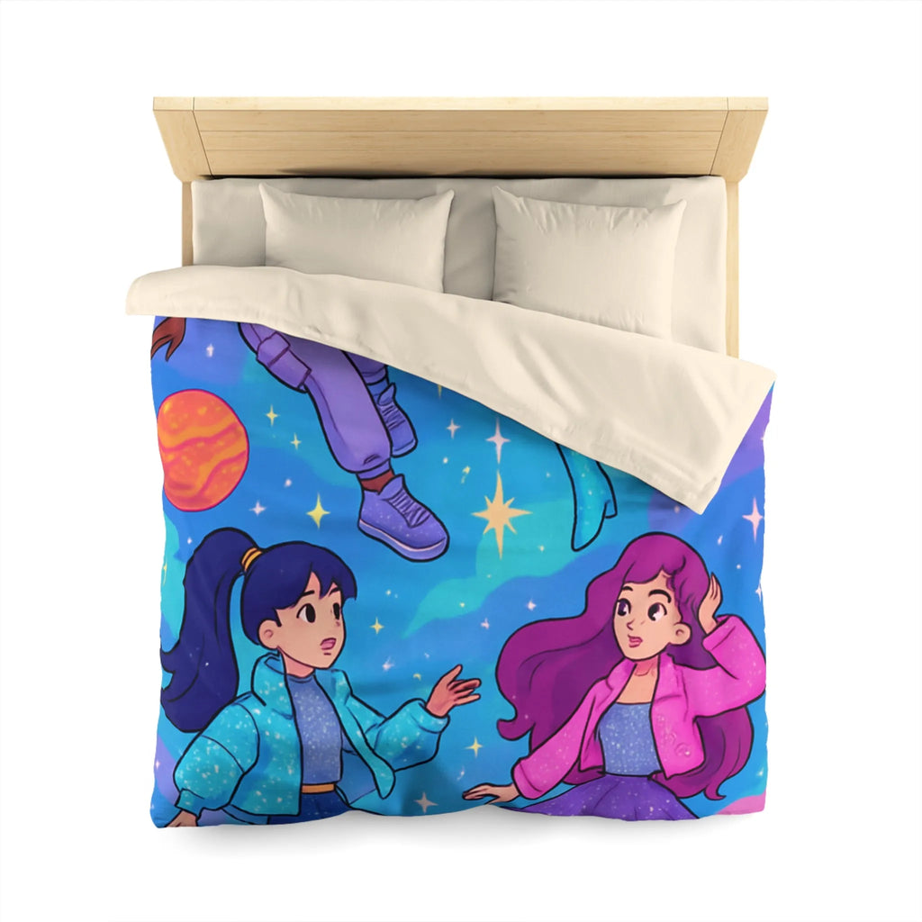 Housse de couette colorée avec filles dans l'espace et étoiles scintillantes joyeuses