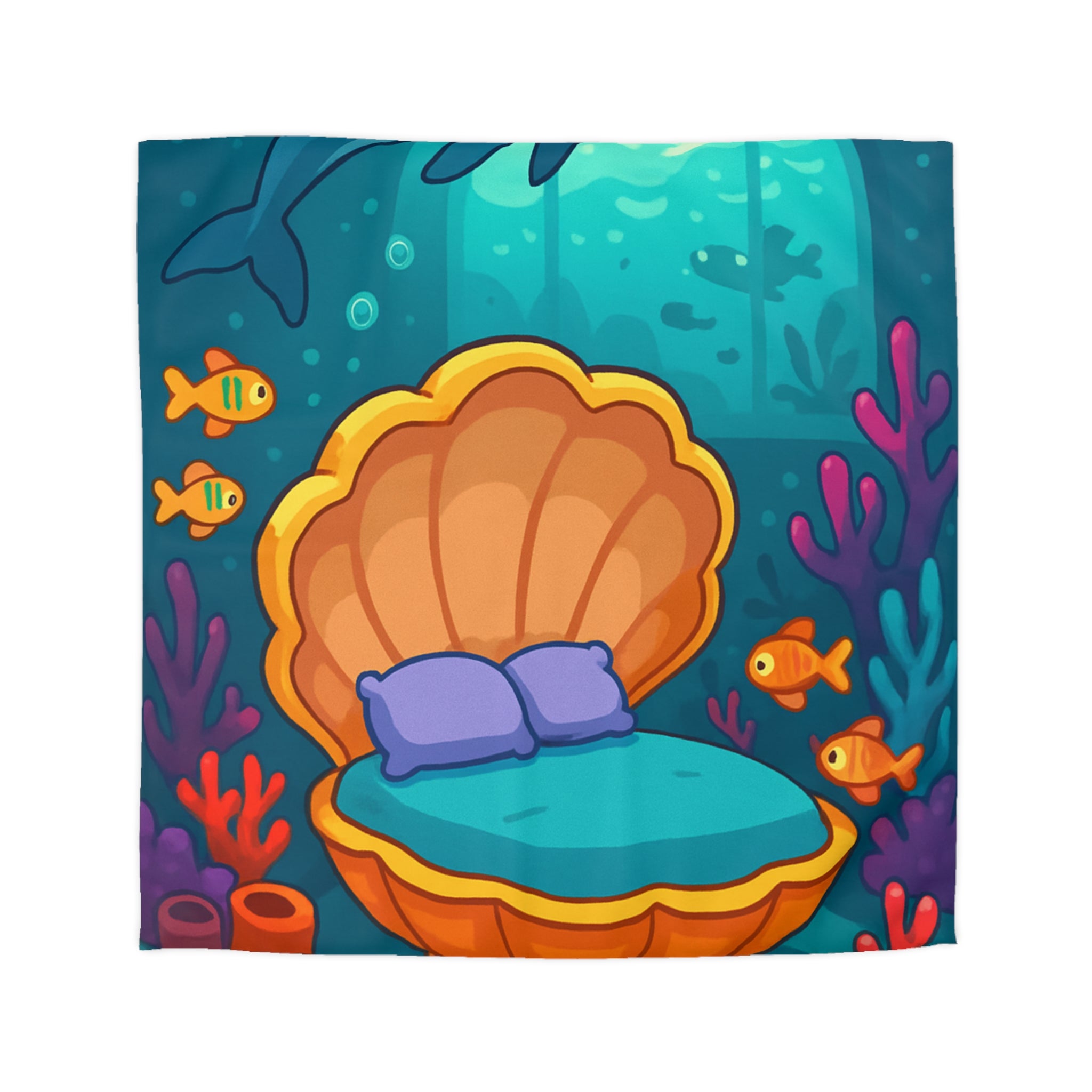 Housse de couette thème sous-marin avec dauphin, coquillage et barrières de corail colorées