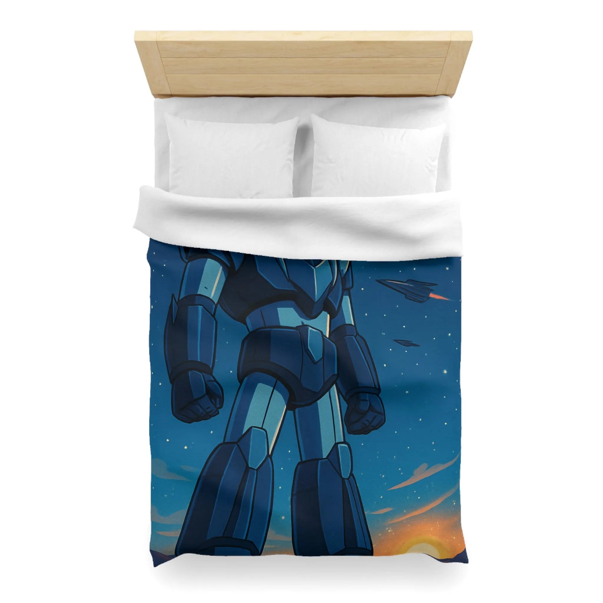Housse de couette avec illustration rétro robot géant dans l'espace étoilé fascinant