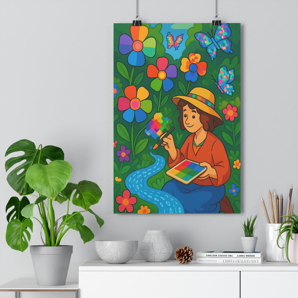 Poster décoratif jardin enchanteur joyeux fleurs multicolores bleu vert rose salon chambre bureau qualité