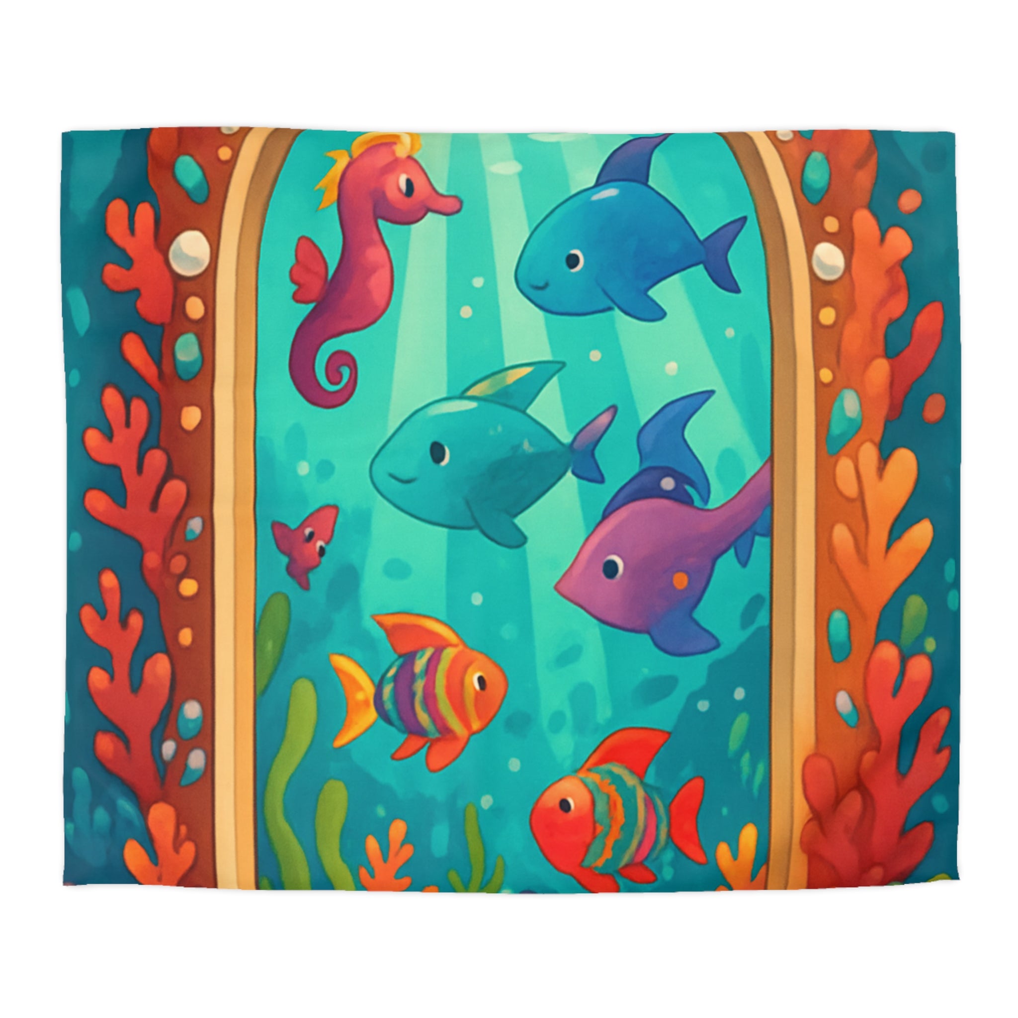 Housse de Couette Océanique avec Poissons Colorés, Coraux et Hippocampe Fantaisie Enchantés