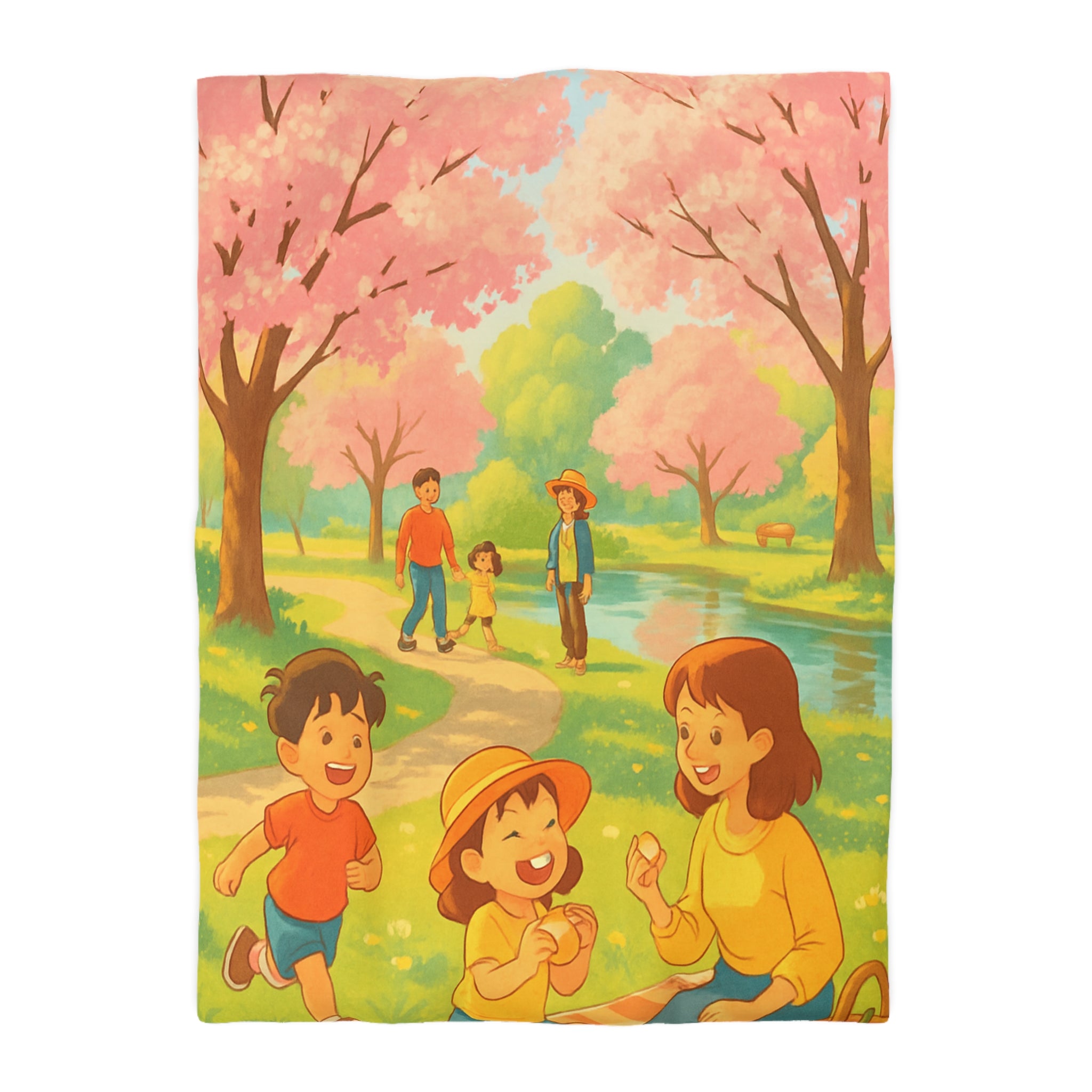 Housse de Couette Printanière avec Scène de Pique-nique Sous Cerisiers en Fleurs