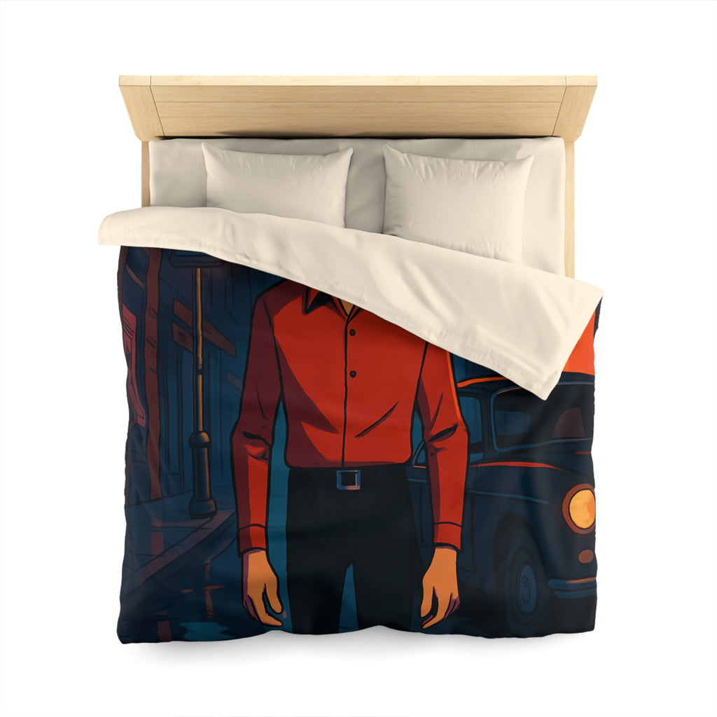 Housse de couette urbaine nocturne avec homme mystérieux et néons colorés