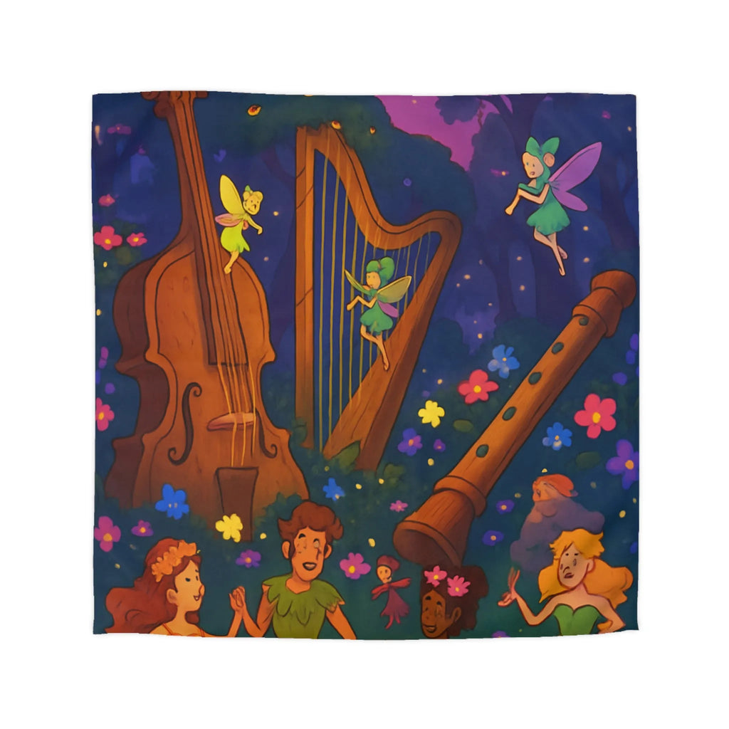 Housse de couette féérique forêt musicale, fées dansant avec fleurs et instruments enchanteurs