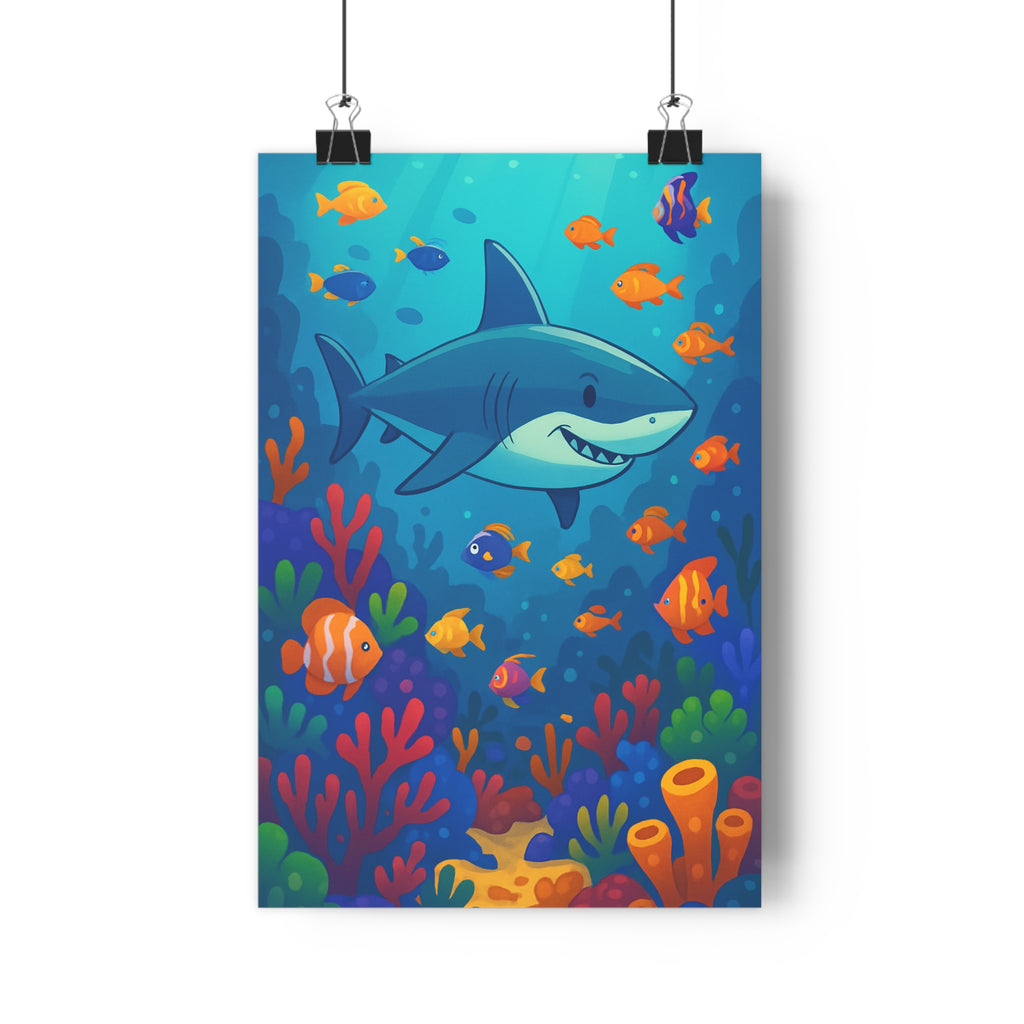 Poster décoratif coloré marin requin bleu poissons tropicaux coraux fantaisie joyeux salon enfant vibrant