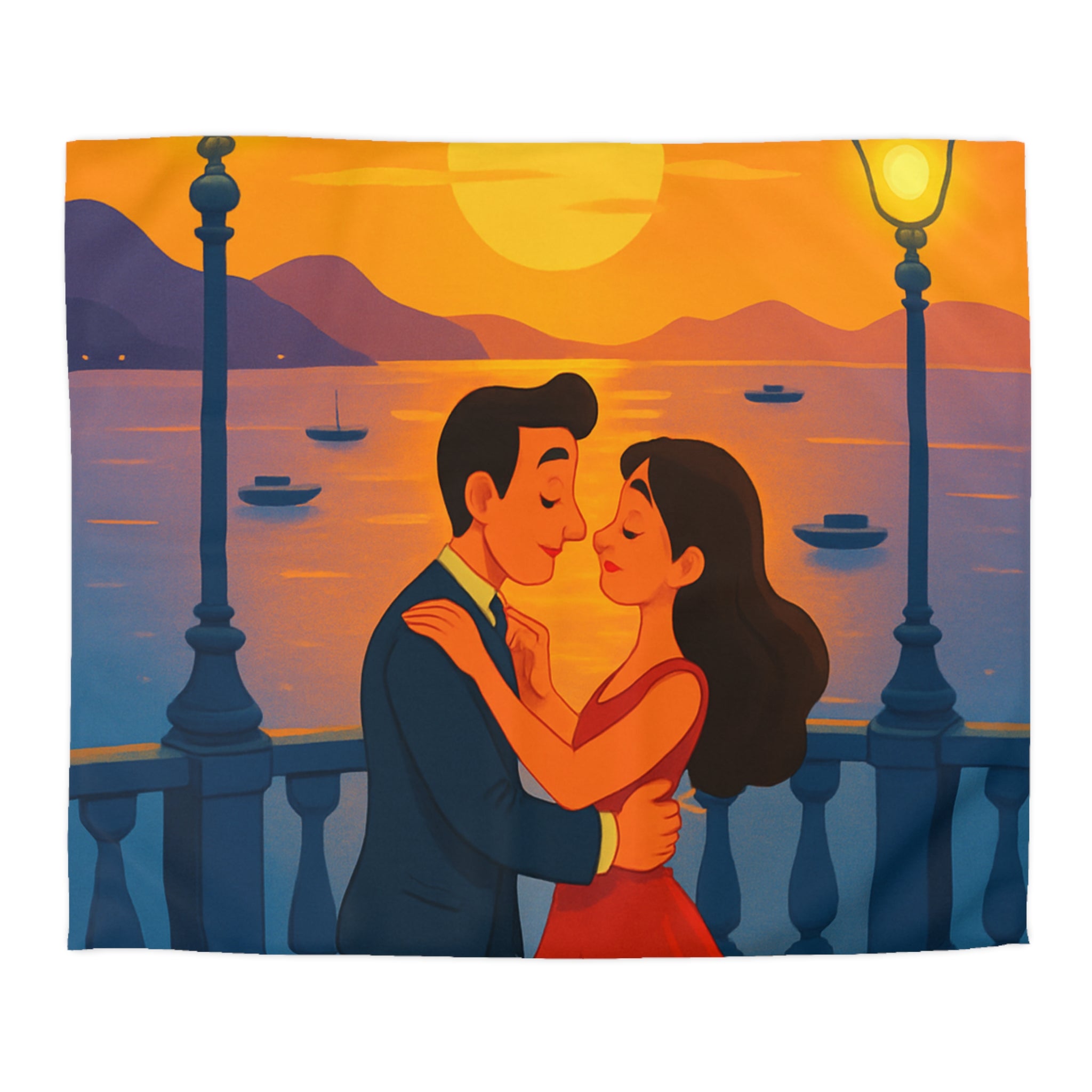 Housse de couette romantique coucher de soleil couple dansant au bord de mer