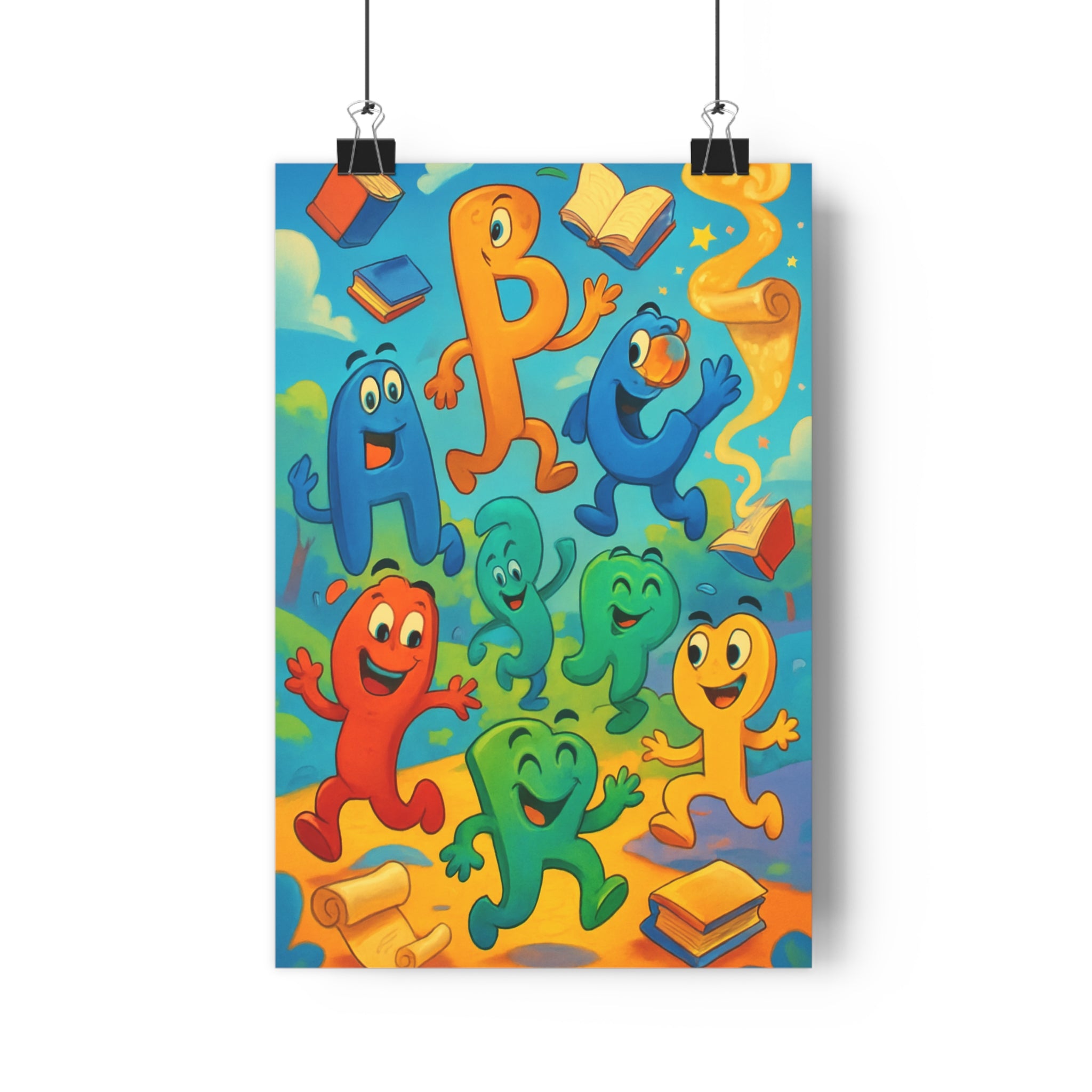 Poster décoratif alphabet animé bleu orange vert enfant chambre joyeux ludique magique fantaisiste dessin