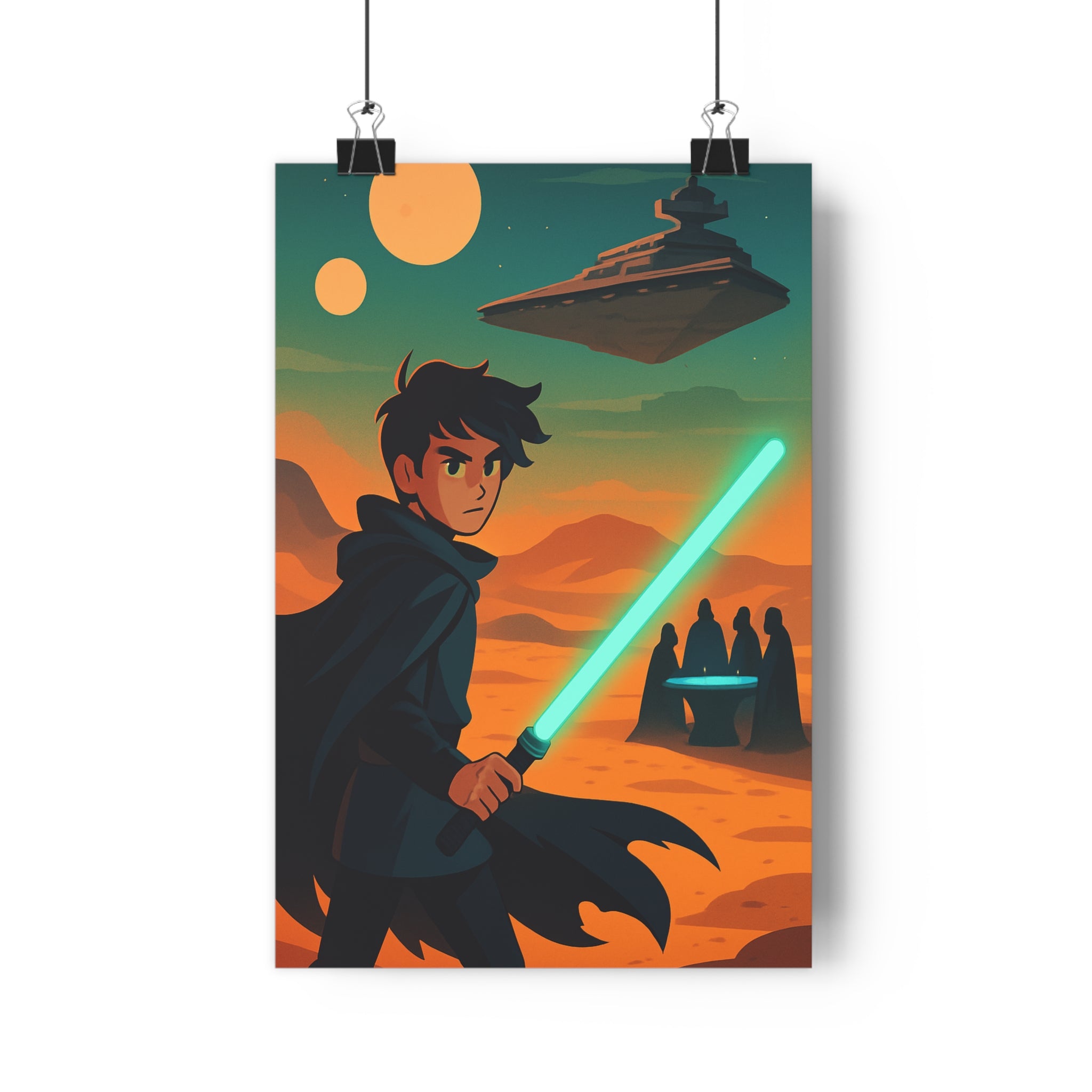 Poster décoratif futuriste dessin animé bleu orange mystique aventure salon chambre design lumineux élégant