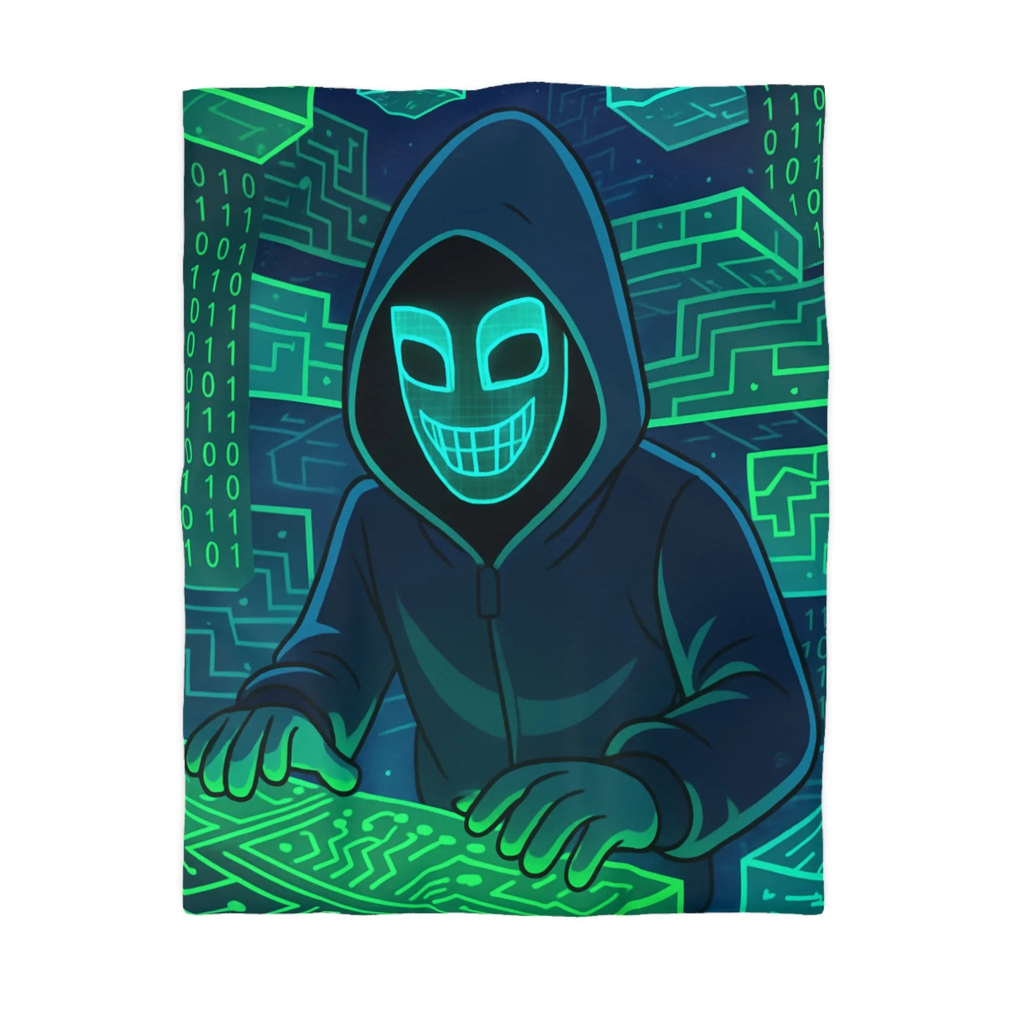 Housse de couette cyberpunk avec motif de hacker masqué et circuit numérique lumineux