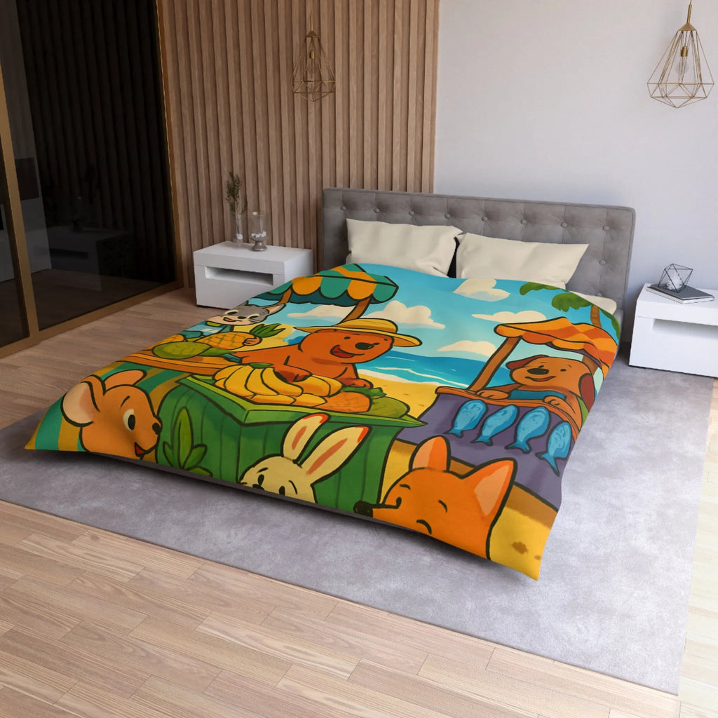 Housse de couette enfant avec animaux mignons sur plage et étals de fruits