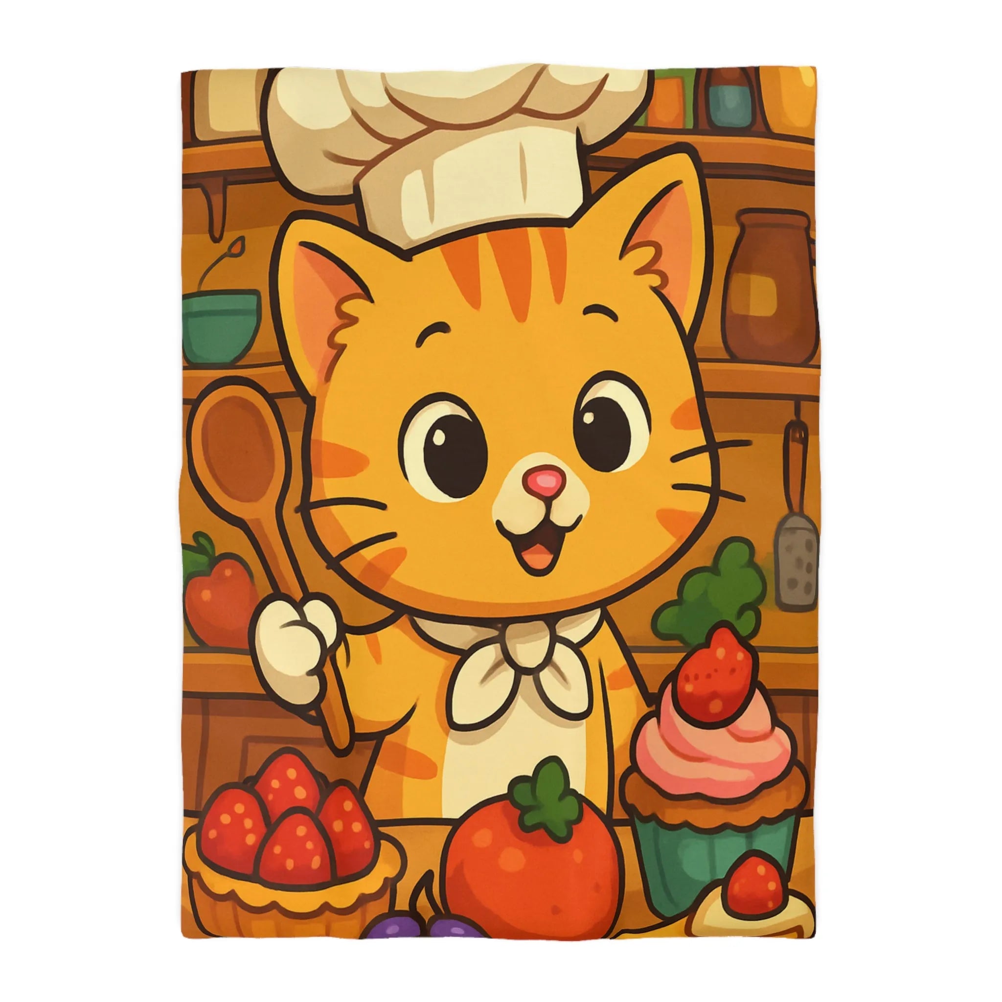 Housse de couette colorée avec chat cuisinier et pâtisseries dans une cuisine animée