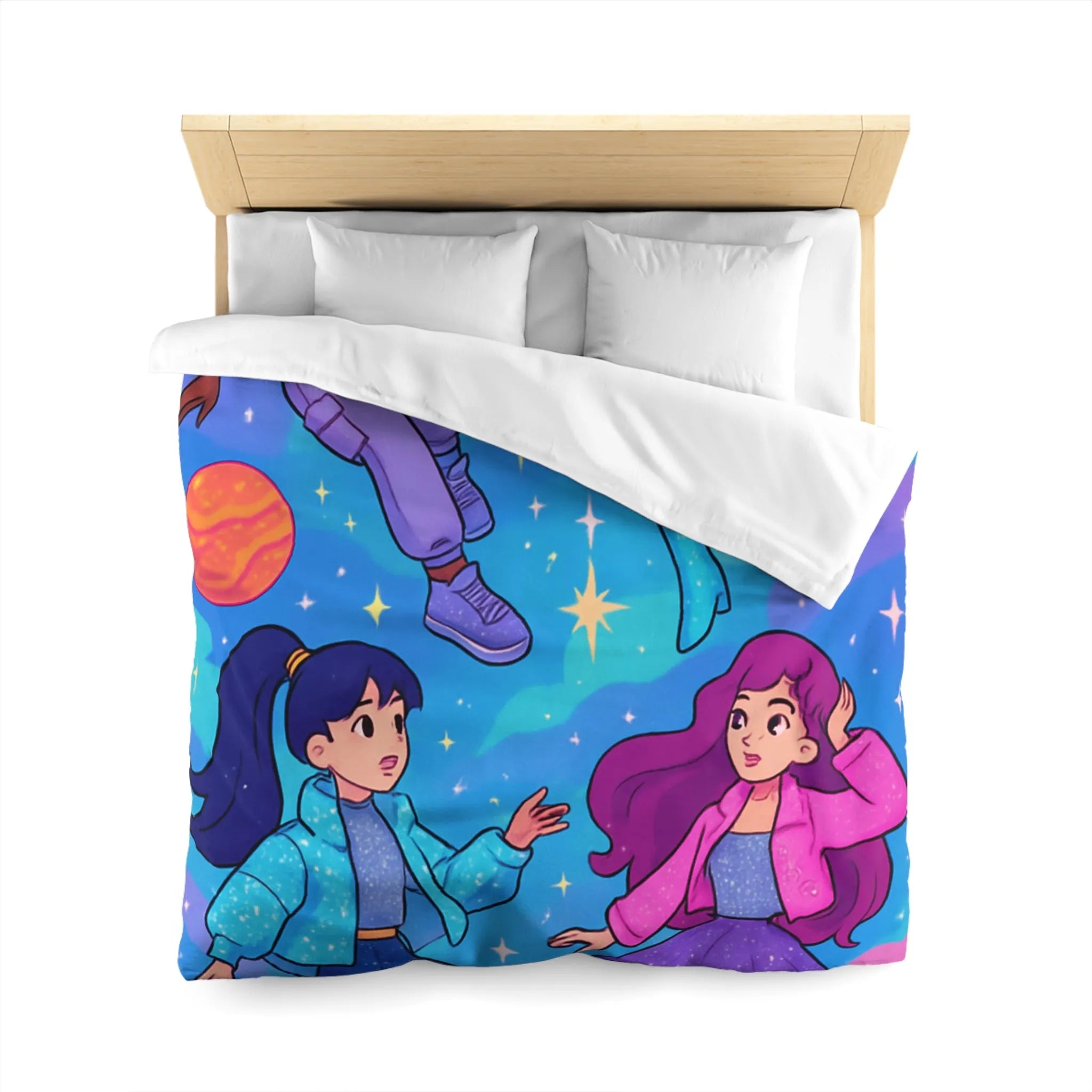Housse de couette colorée avec filles dans l'espace et étoiles scintillantes joyeuses