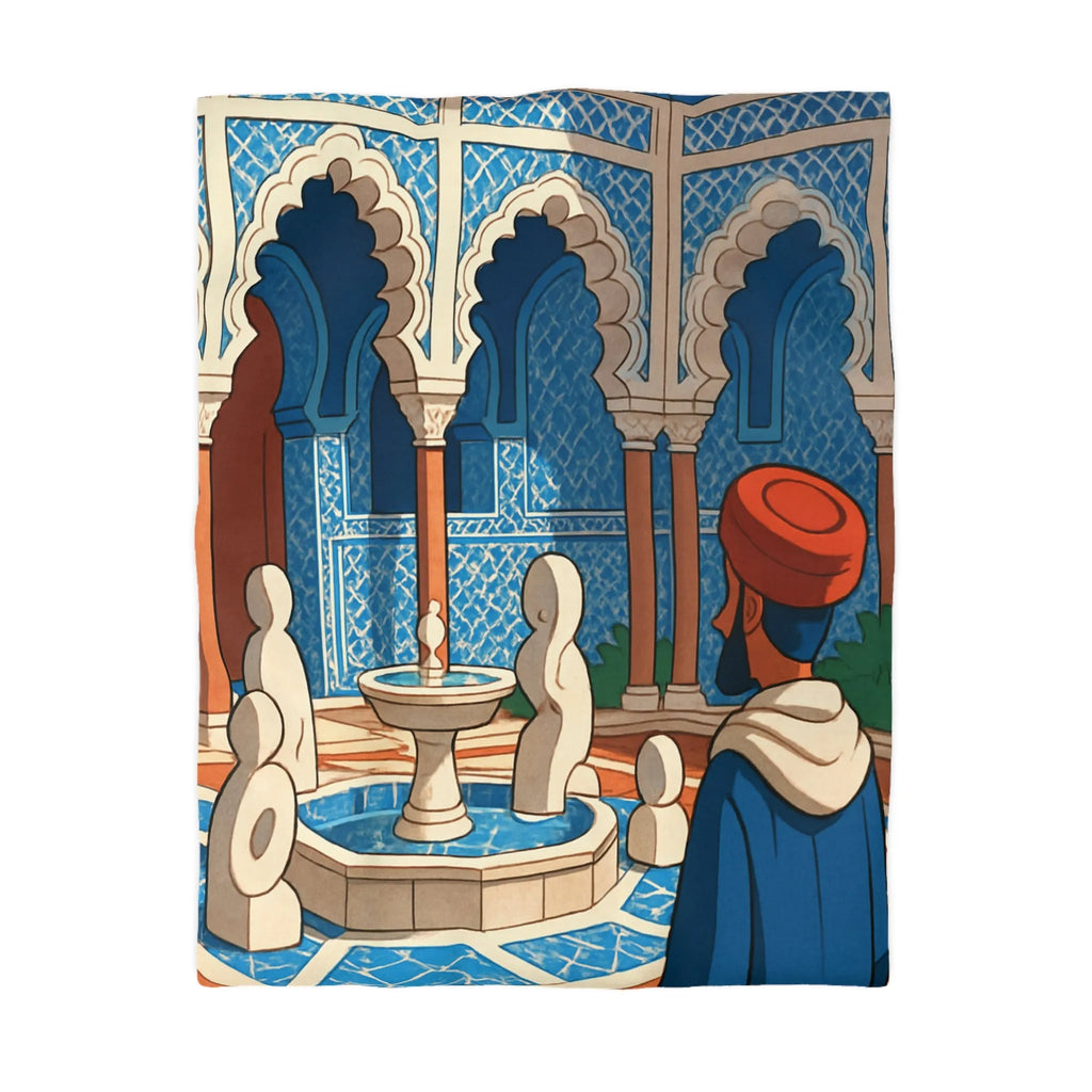 Housse de couette avec design marocain bleu, arches andalouses, fontaine et personnage paisible