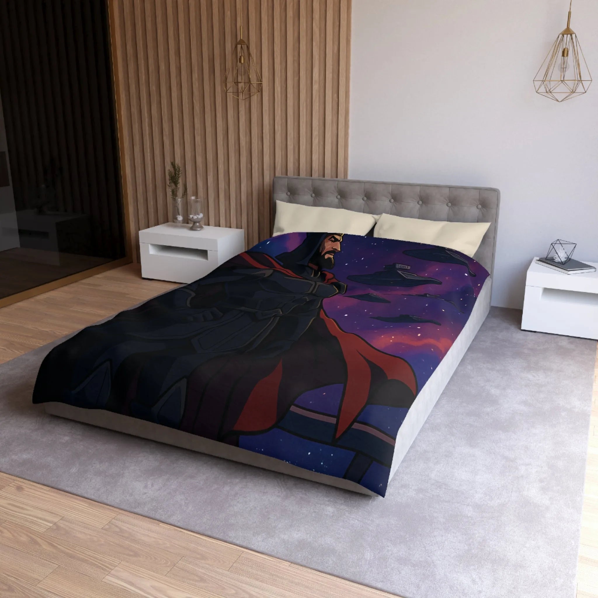 Housse de couette épique guerre galactique avec personnage en cape et vaisseaux spatiaux