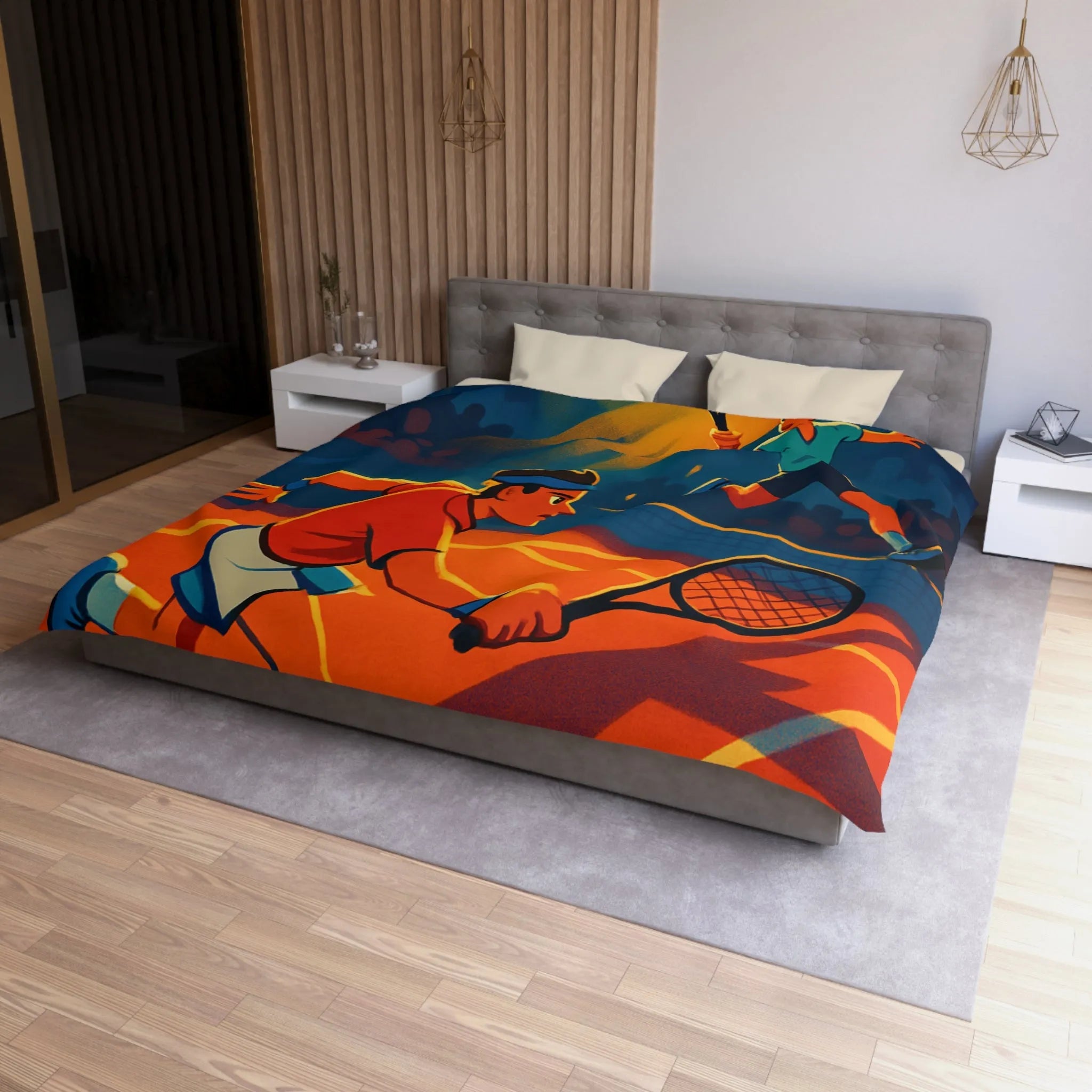 Housse de couette dynamique illustrant un match de tennis intense sous projecteurs éclatants