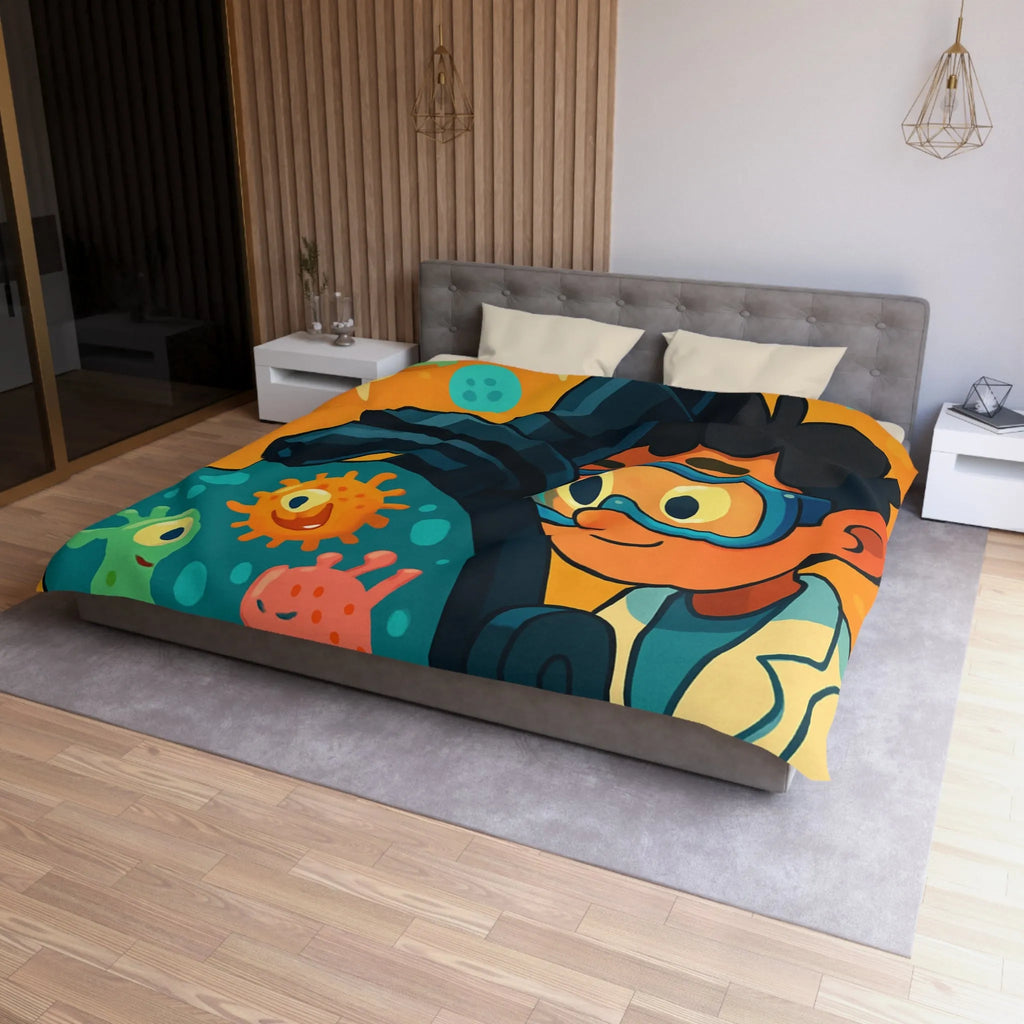 Housse de couette colorée avec jeunes scientifiques et microscope amusant pour enfants