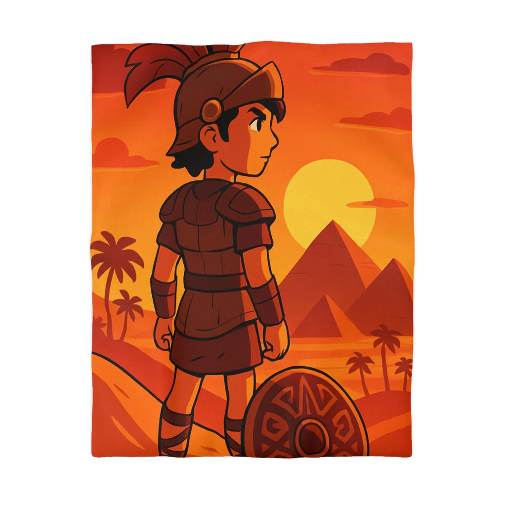 Housse de Couette Guerrier Antique Coucher de Soleil Égypte Pyramides Illustration Enfantine Vintage