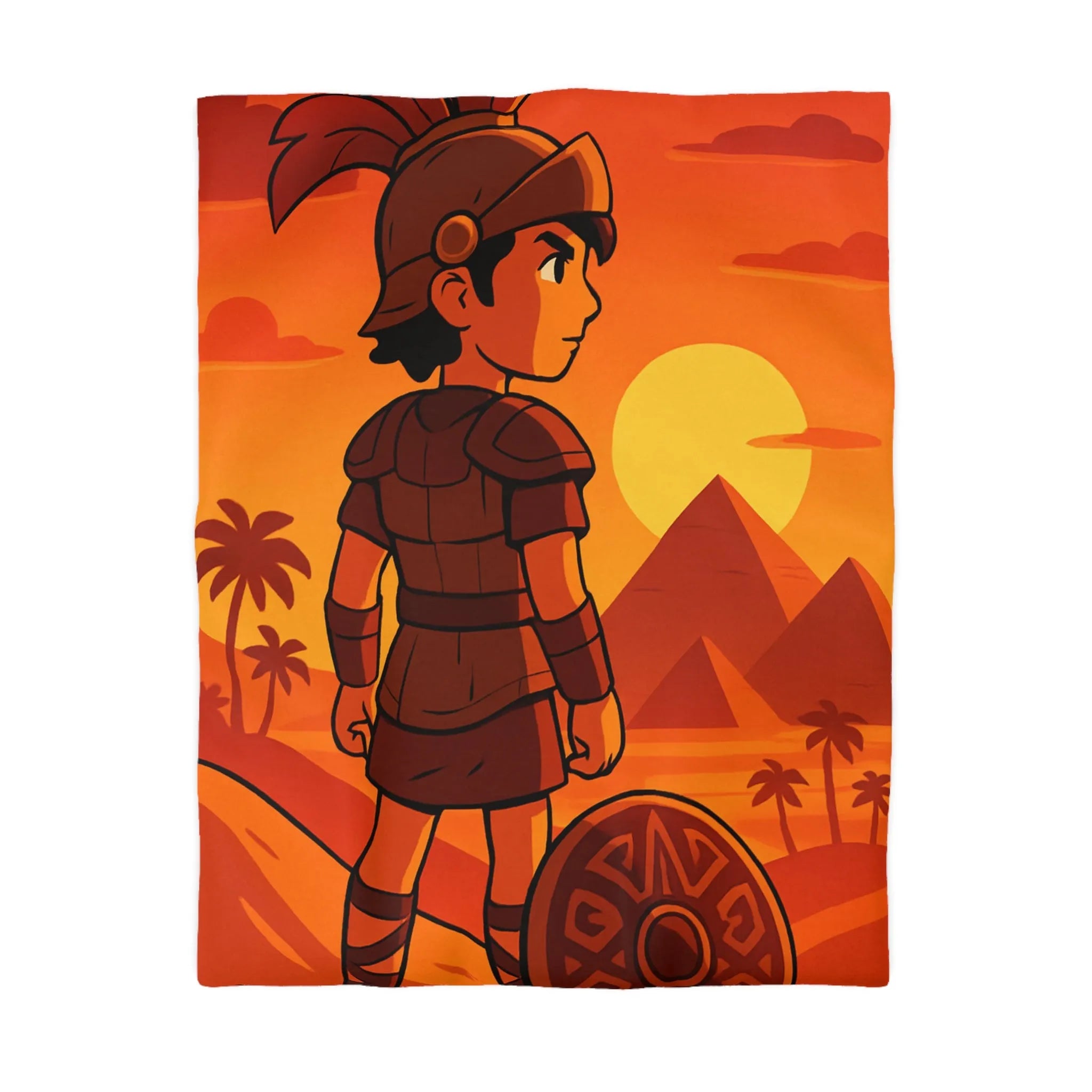 Housse de Couette Guerrier Antique Coucher de Soleil Égypte Pyramides Illustration Enfantine Vintage