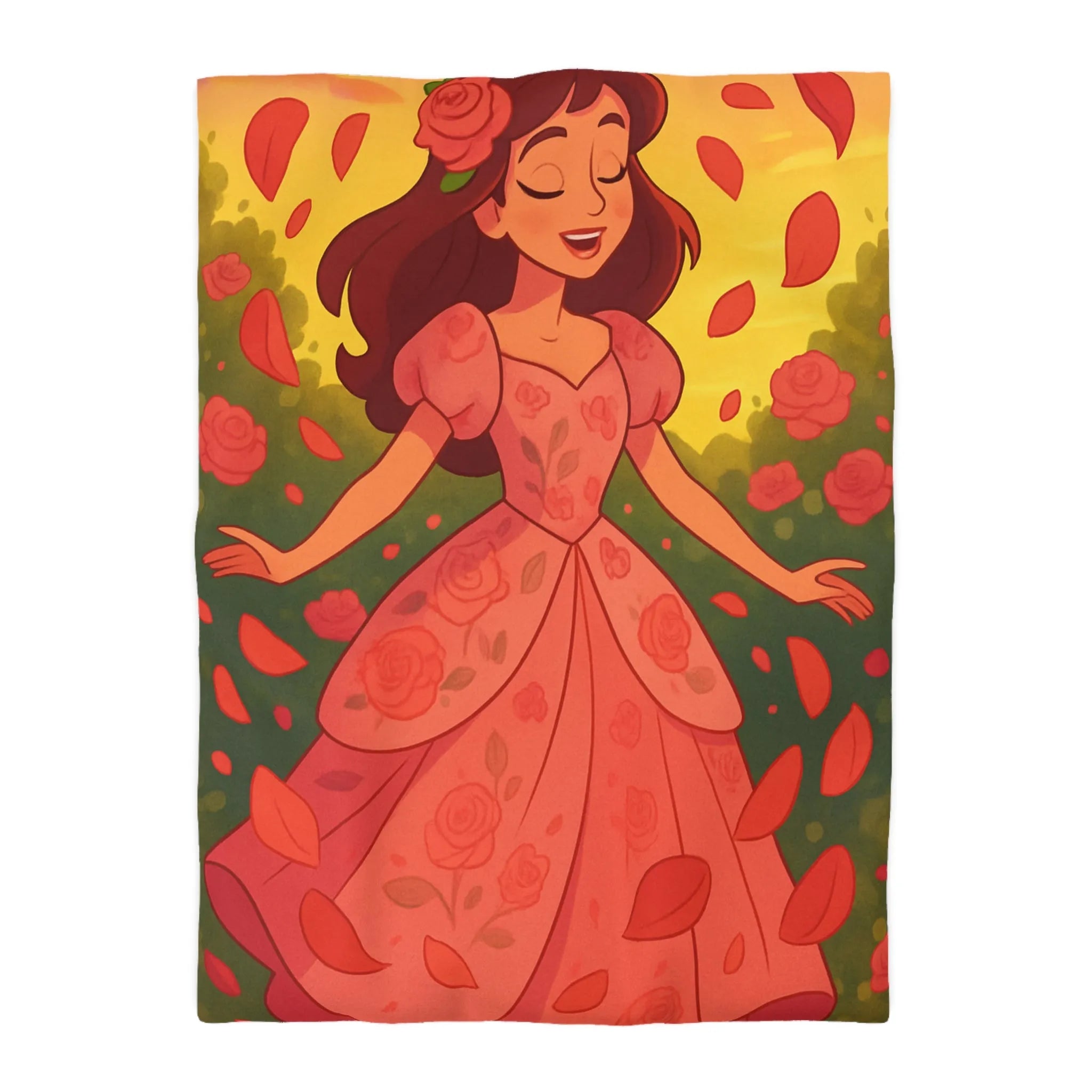 Housse de couette délicatement illustrée avec motif de danse joyeuse parmi les roses rouges