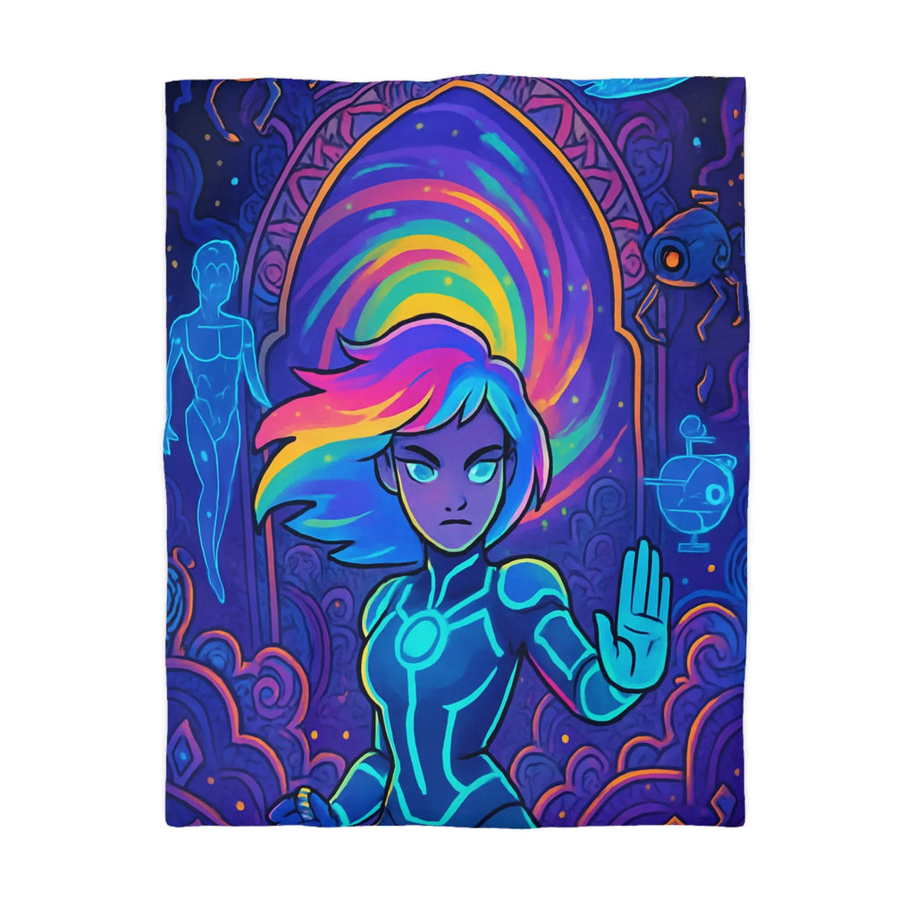 Housse de couette futuriste avec design néon multicolore et personnage dynamique